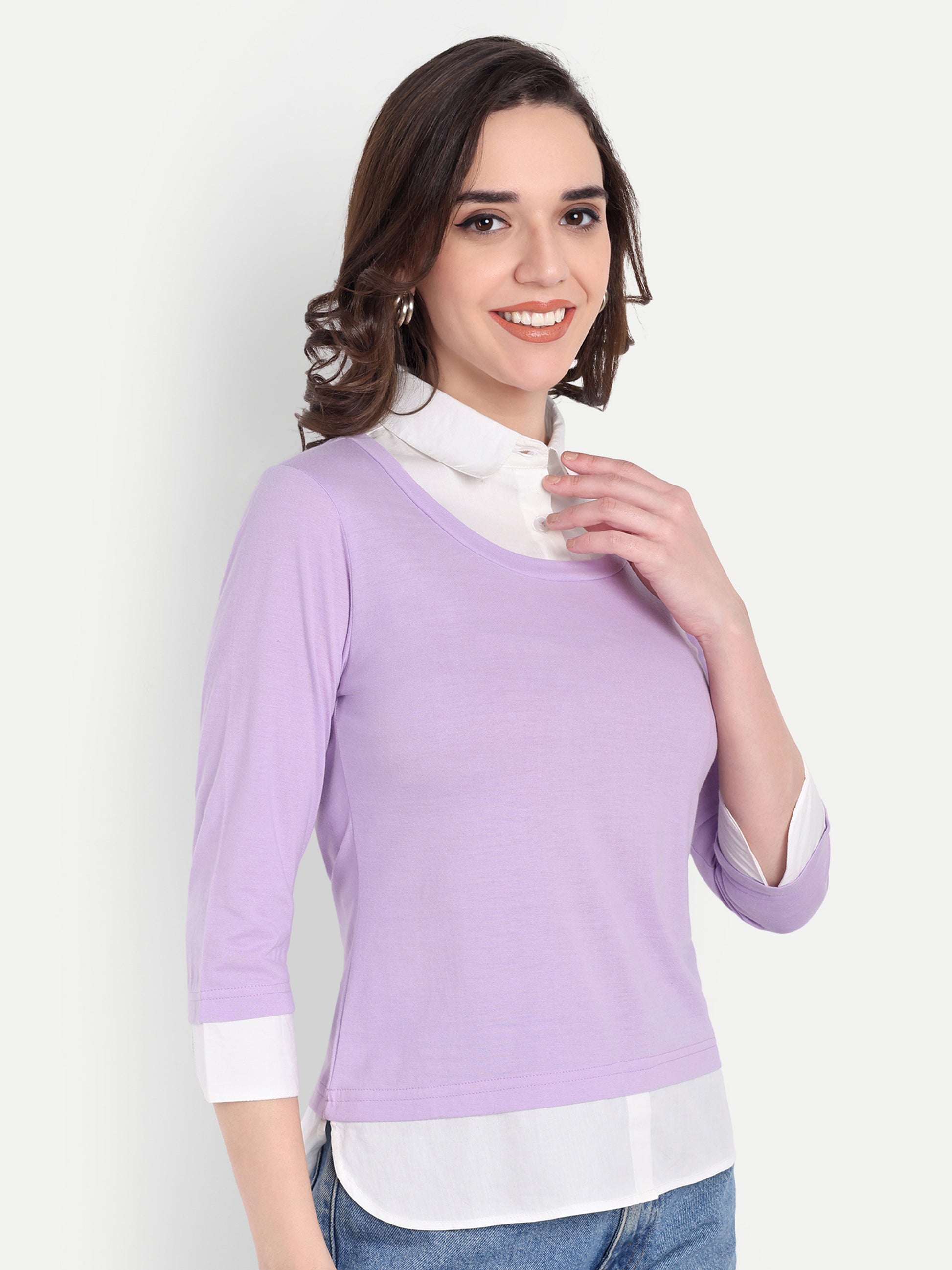 Women's Purple Layered Look Top with white Shirt Collar & 3/4 Sleeves