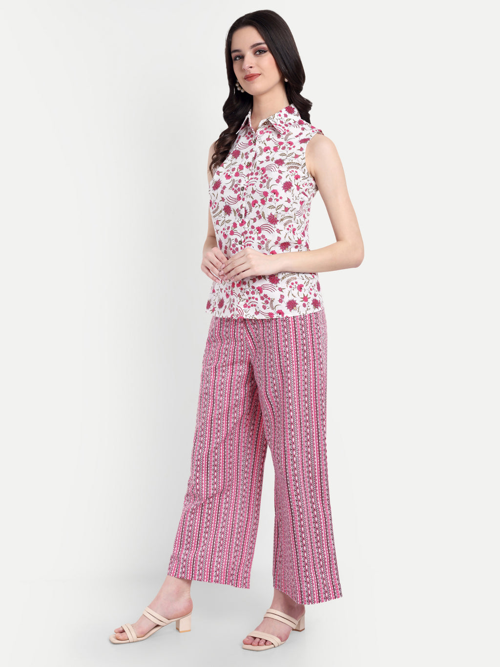 Women's Pink Floral Sleeveless Shirt with Pink Printed Wide-Leg Pants | Comfortable Summer Co-ord Sets