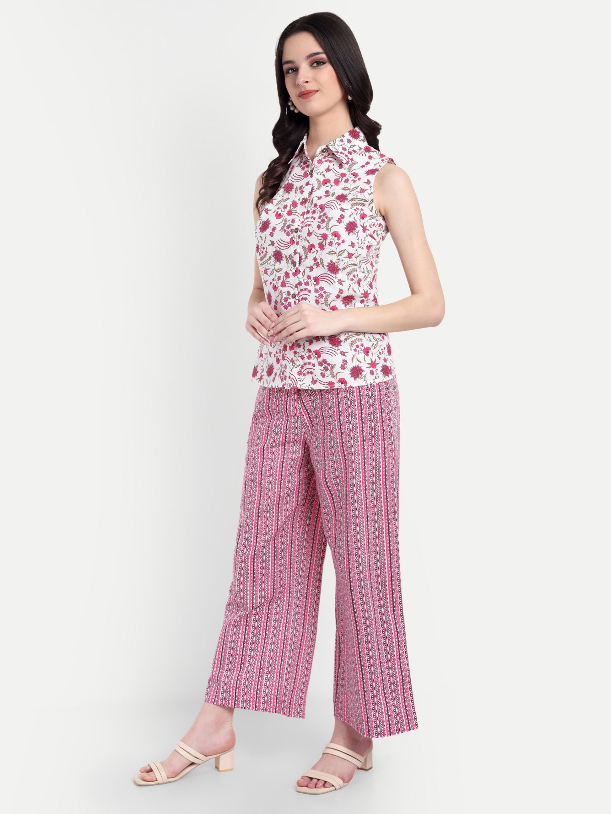 Women's Pink Floral Sleeveless Shirt with Pink Printed Wide-Leg Pants | Comfortable Summer Co-ord Sets
