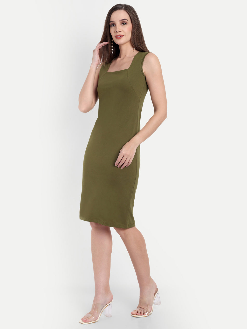 Women's Olive Sleeveless Bodycon Midi Dress | Square Neck | Casual & Party Wear