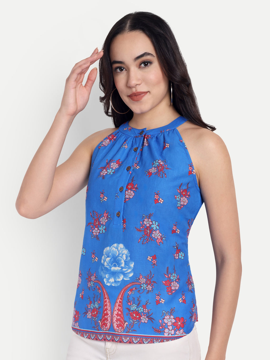 FairLeaf Women's Halter Neck Floral Print Top | Sleeveless Elegant Summer Blue Floral Tunic for Casual, & Office Wear