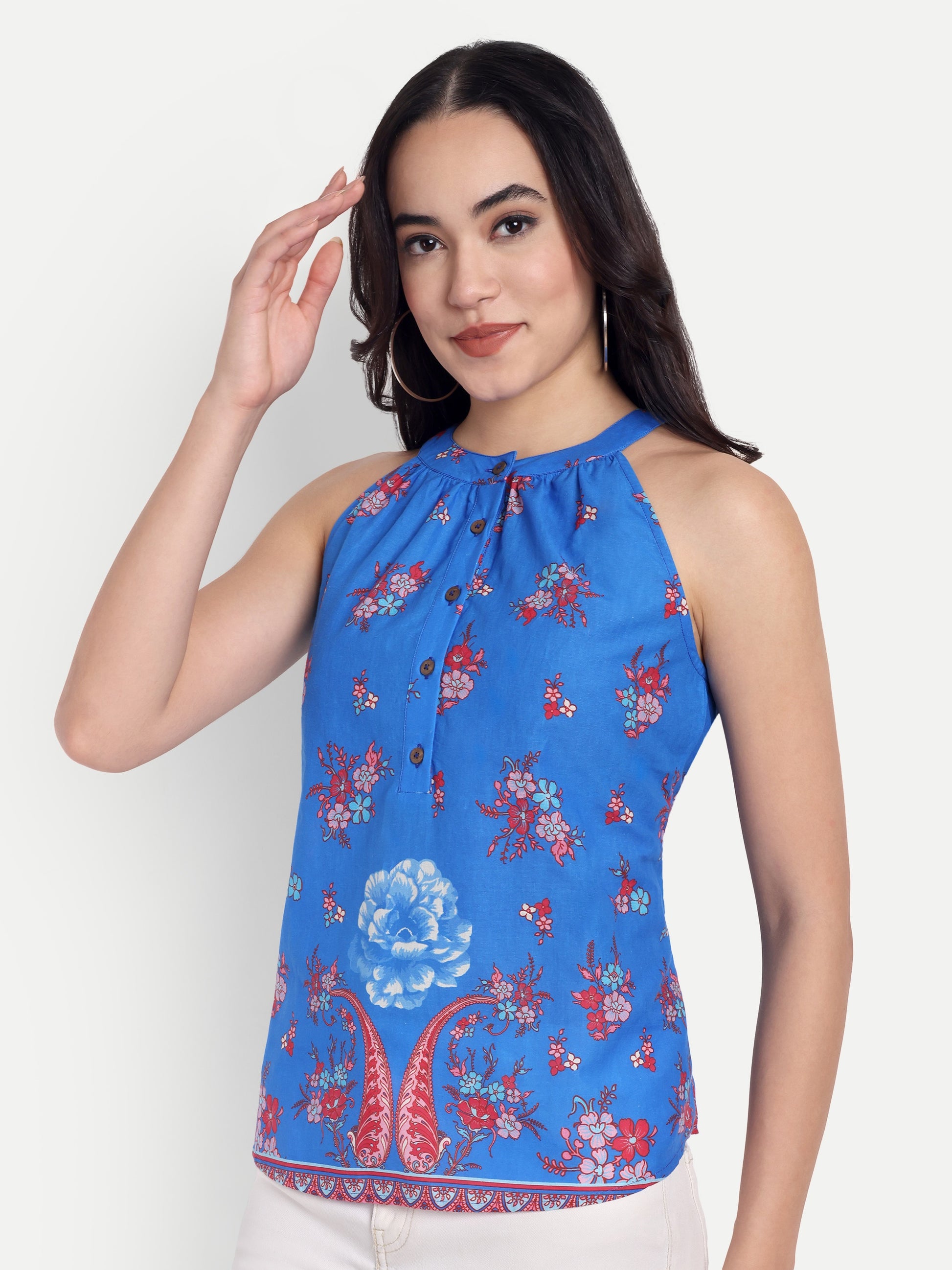 FairLeaf Women's Halter Neck Floral Print Top | Sleeveless Elegant Summer Blue Floral Tunic for Casual, & Office Wear