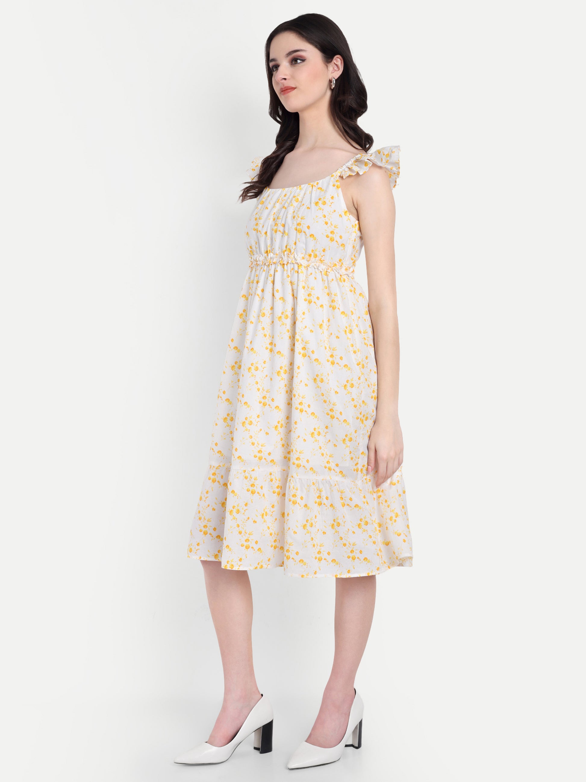 Women's Yellow Floral Midi Dress | Sleeveless Ruffle Straps | Elegant Casual & Summer Wear