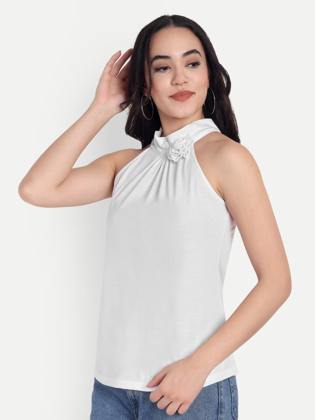 Women's Light white Halter Floral Note Neck Sleeveless Top | Casual & Party Wear
