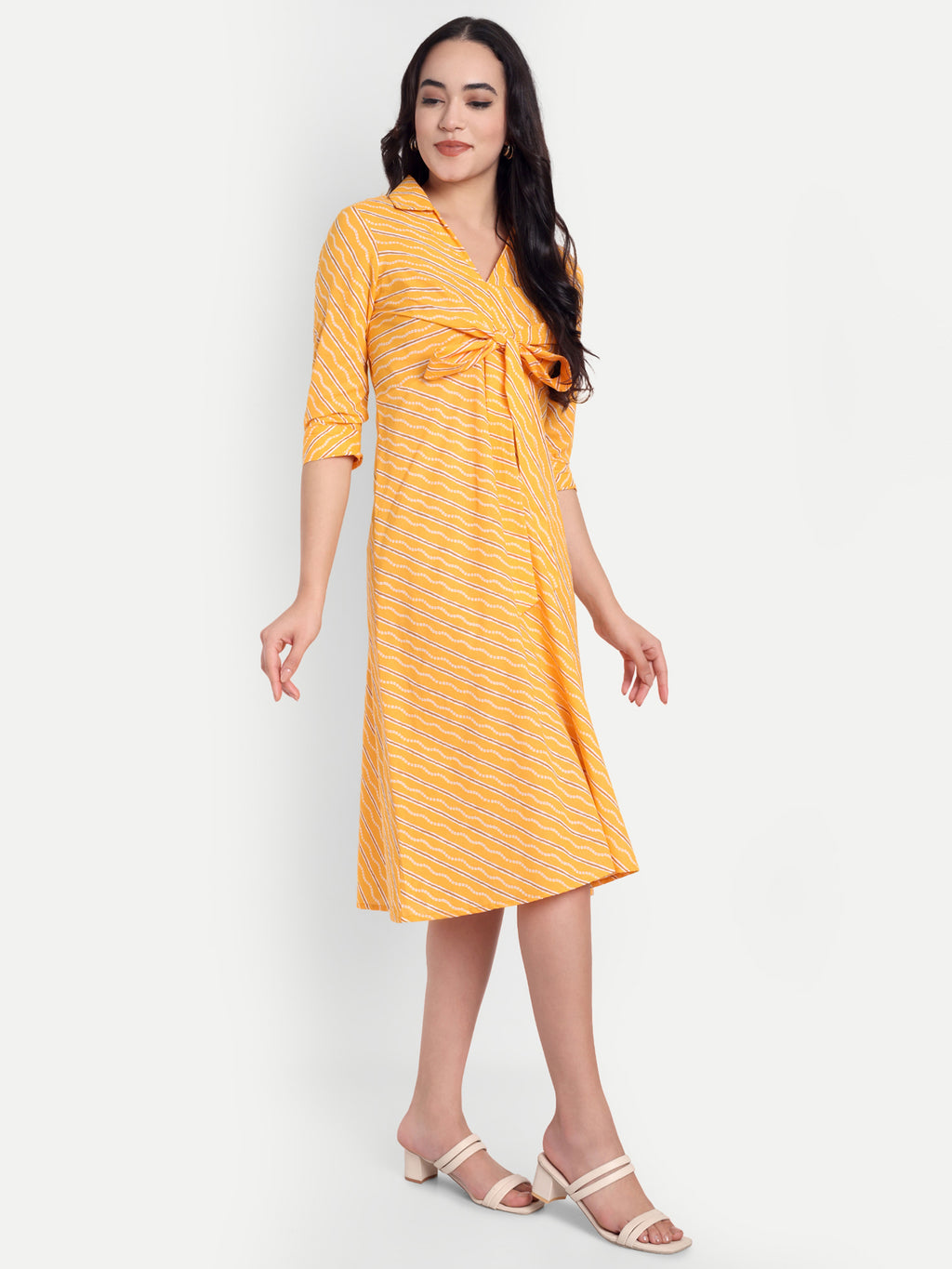 Women's Orange Striped Knee-Length Dress | Front Knot Detail | Casual & Party Wear