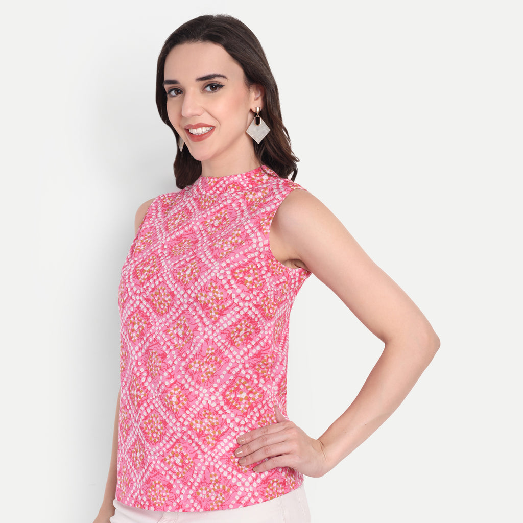 Women's Pink Printed Sleeveless Top | High Neck | Lightweight & Stylish Summer Wear