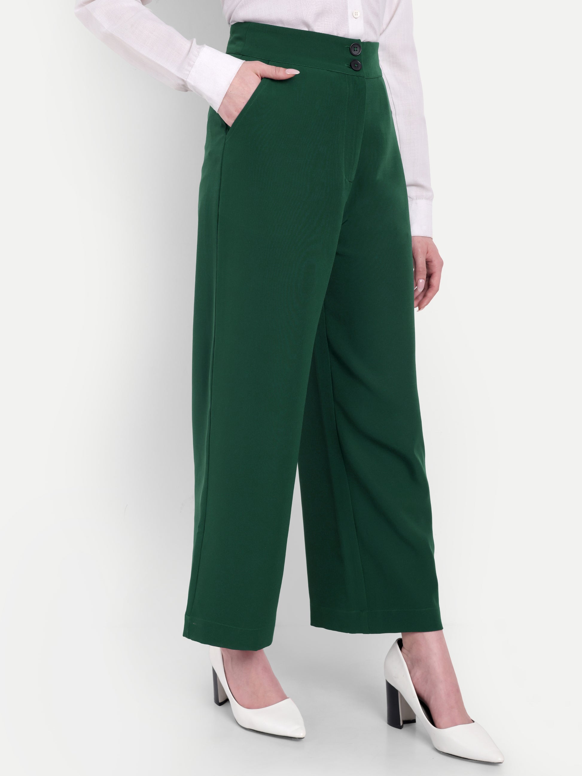 Women's Green Wide-Leg Trousers – High Waist | Formal & Casual Wear | Comfort Fit