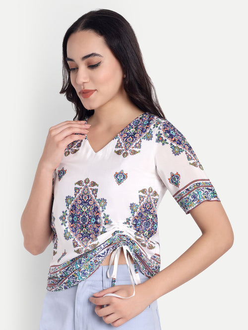 Boho Print White Ruched Top & Lavender Wide-Leg Pants Co-Ord Set