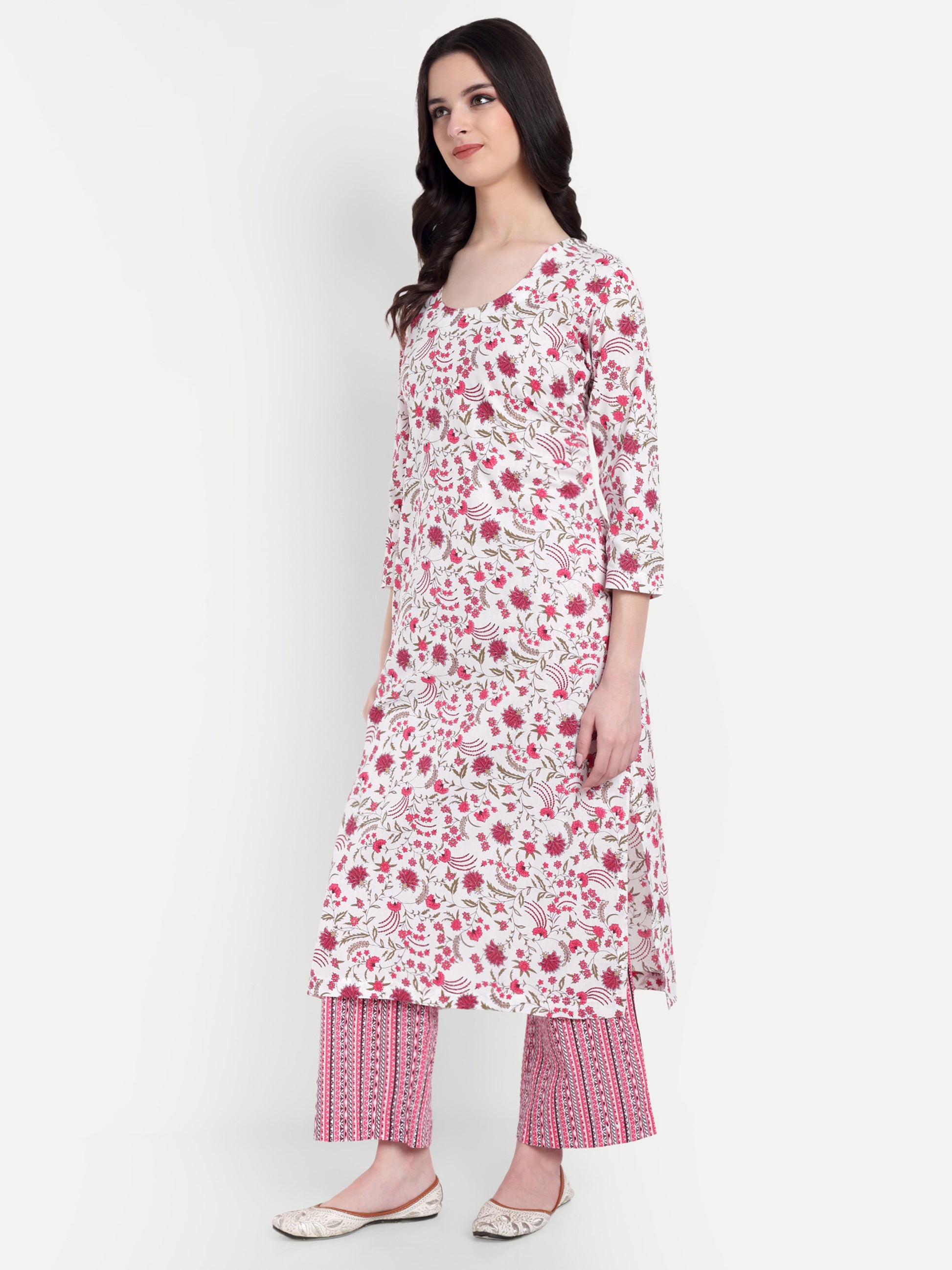 Women's Pink And White Floral Printed Kurta with Straight Pants | Cotton Blend | Ethnic Wear