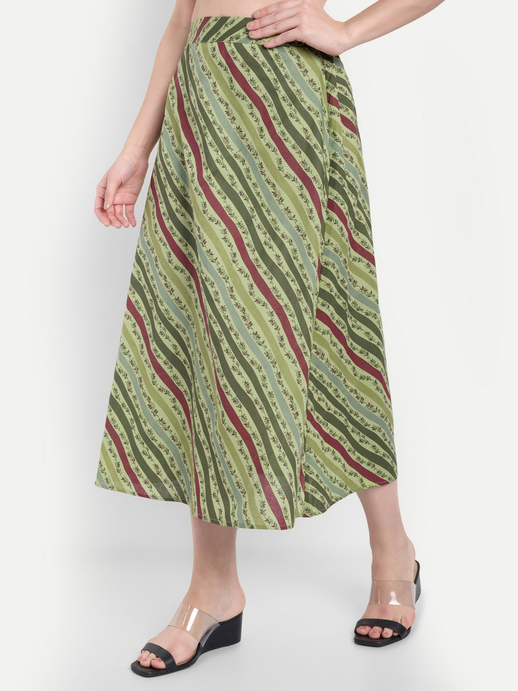 Women's Olive Striped A-Line Midi Skirt | Casual & Party Wear