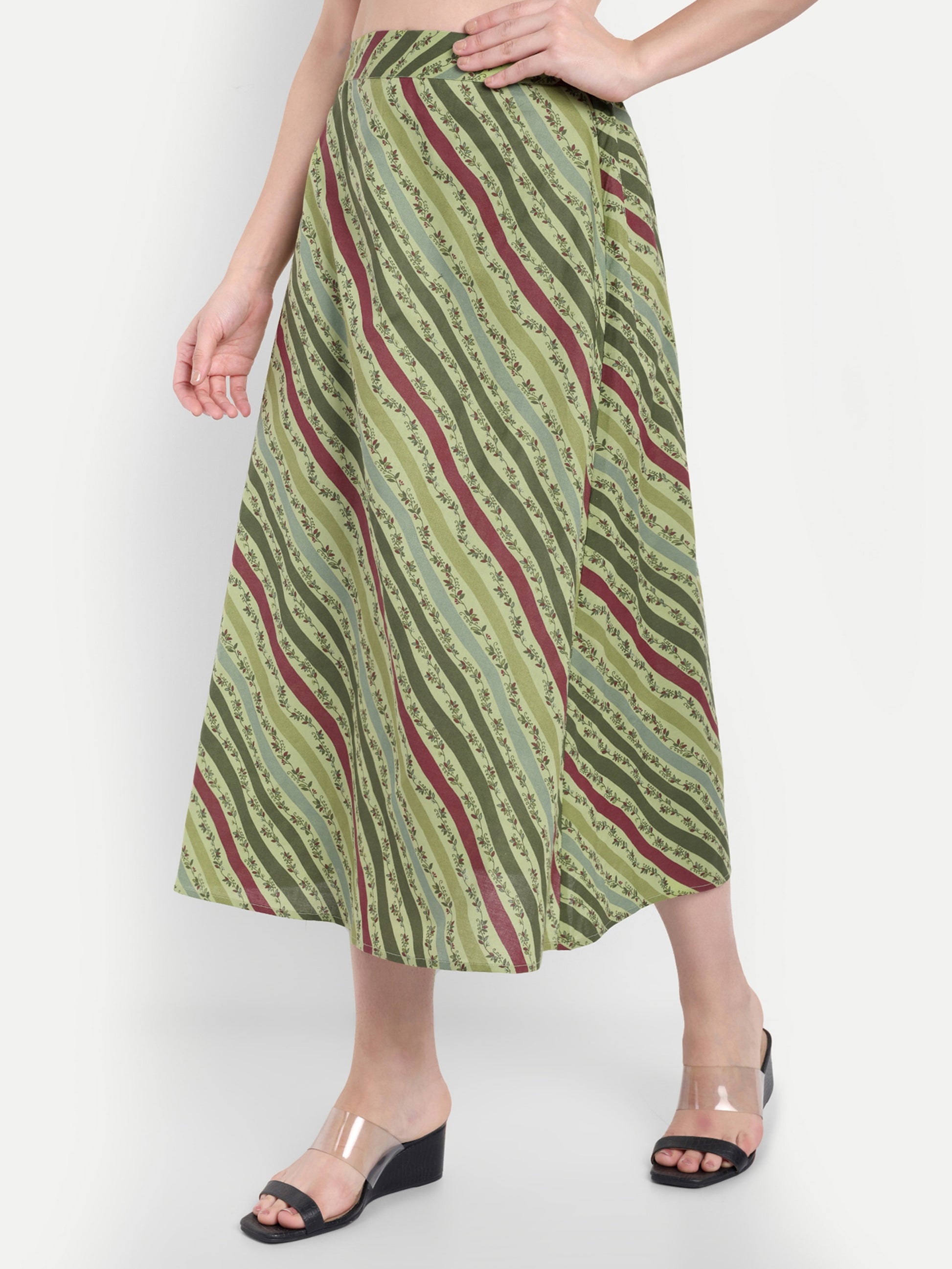 Women's Olive Striped A-Line Midi Skirt | Casual & Party Wear