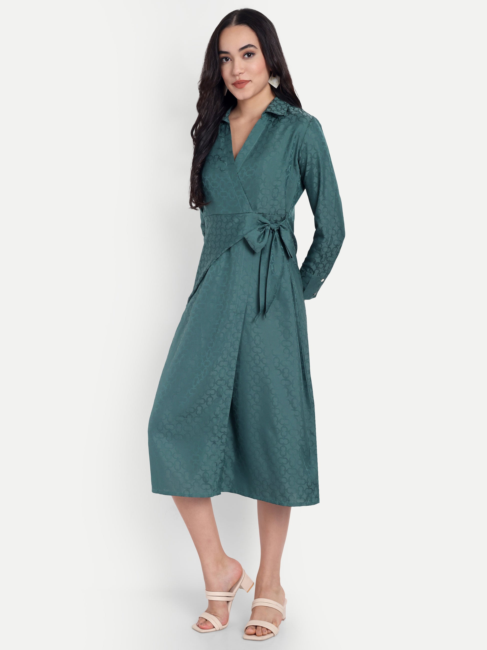Women's Teal Jacquard Wrap Midi Dress | Long Sleeve | Belt Tie Waist
