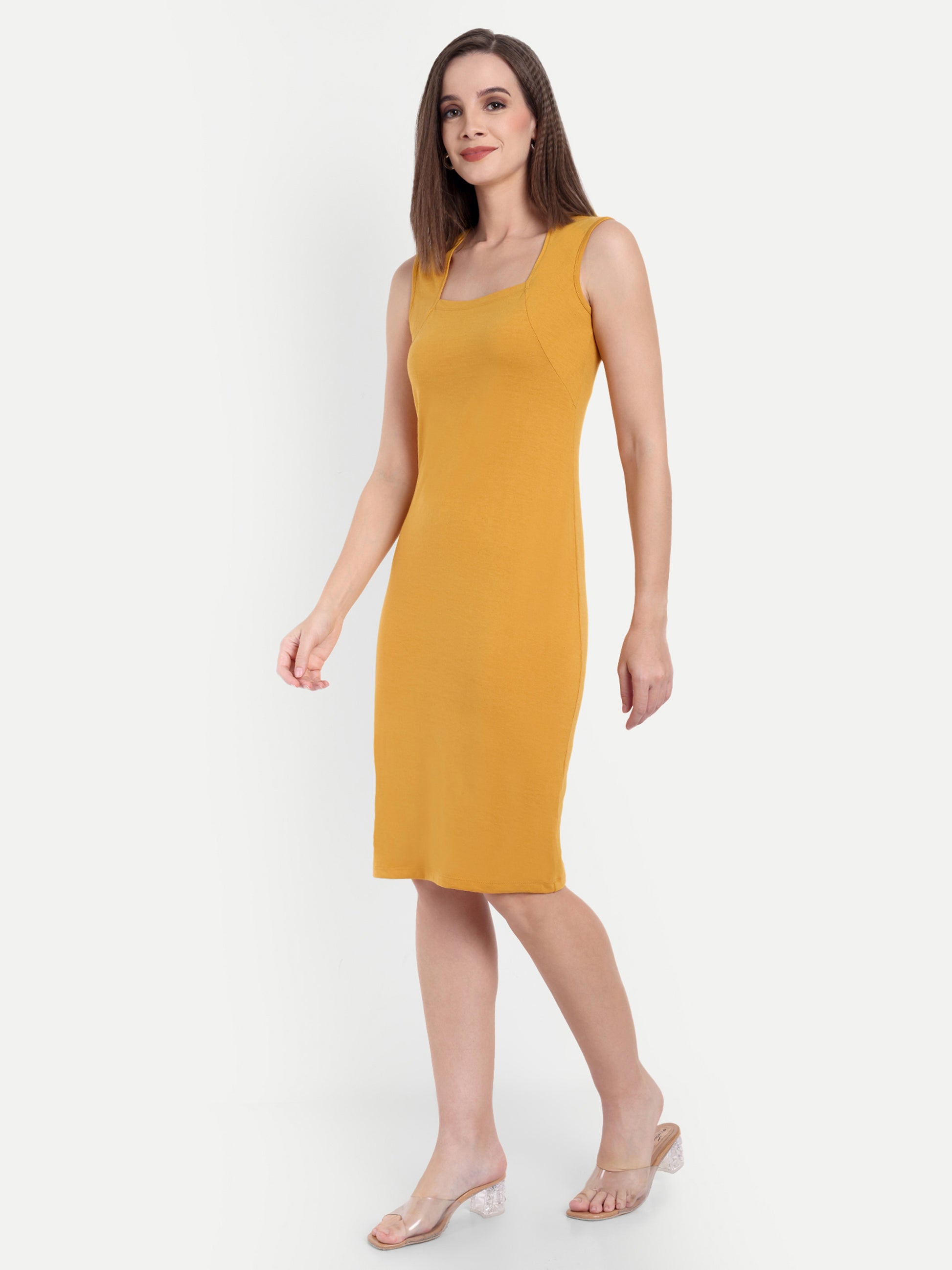 Women's Mustard Yellow Sleeveless Bodycon Midi Dress | Square Neck | Casual & Party Wear (Copy)