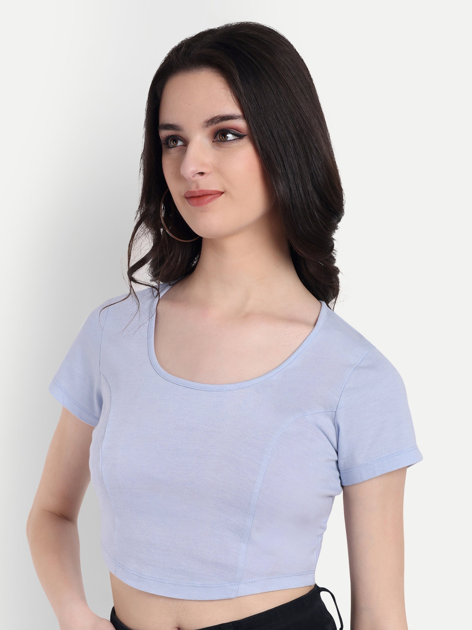 omen's blue Crop Top with Scoop Neck & Short Sleeves