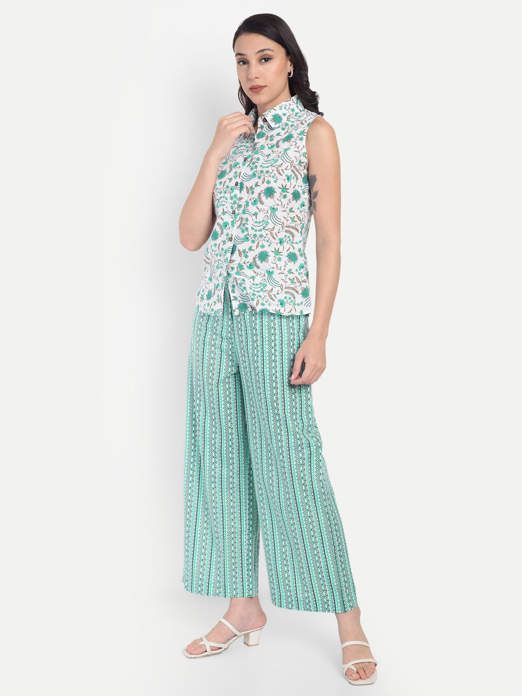 Women's White & Green Floral Sleeveless Shirt with Pink Printed Wide-Leg Pants | Comfortable Summer Co-ord Set