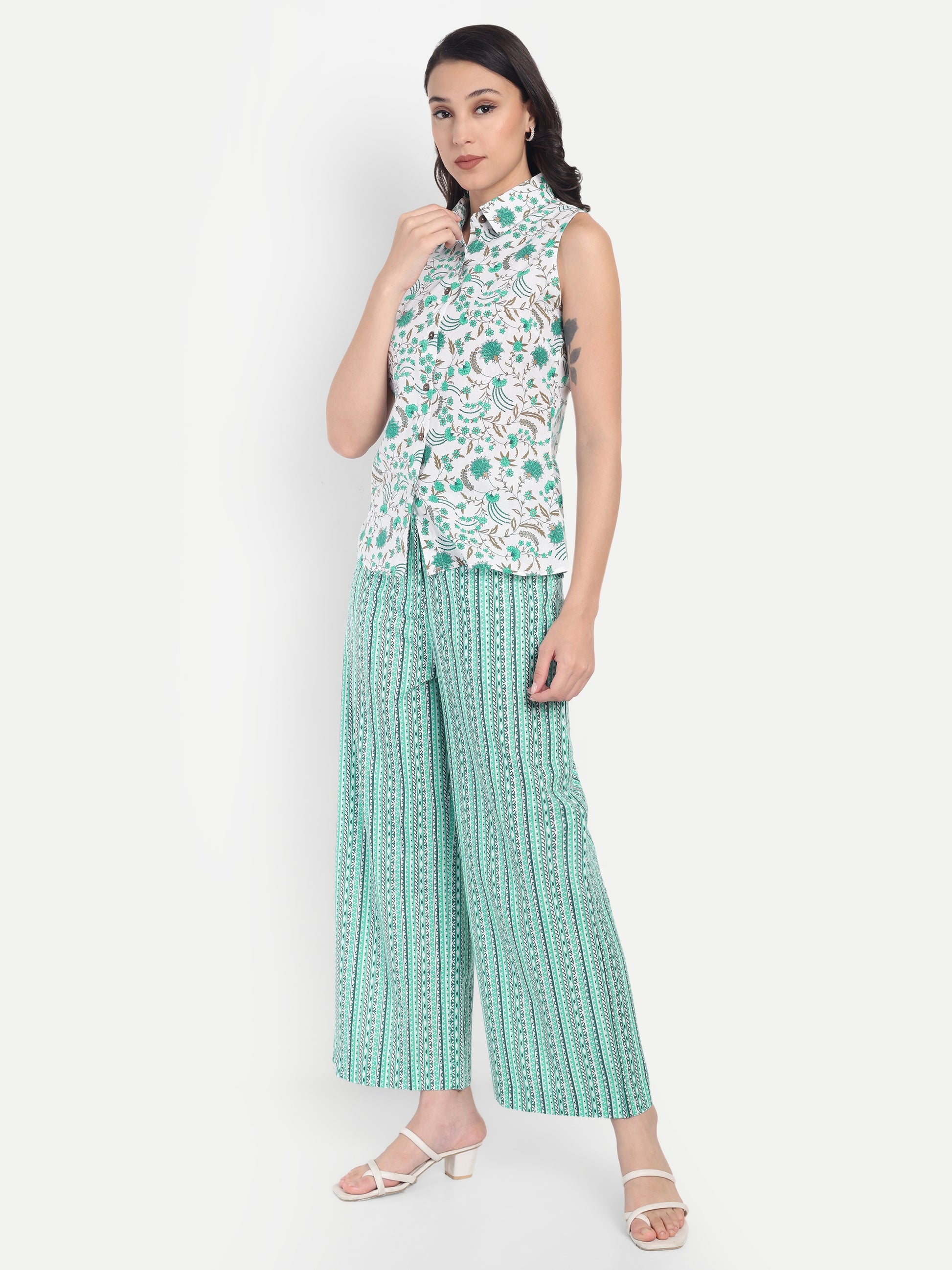 Women's White & Green Floral Sleeveless Shirt with Pink Printed Wide-Leg Pants | Comfortable Summer Co-ord Set