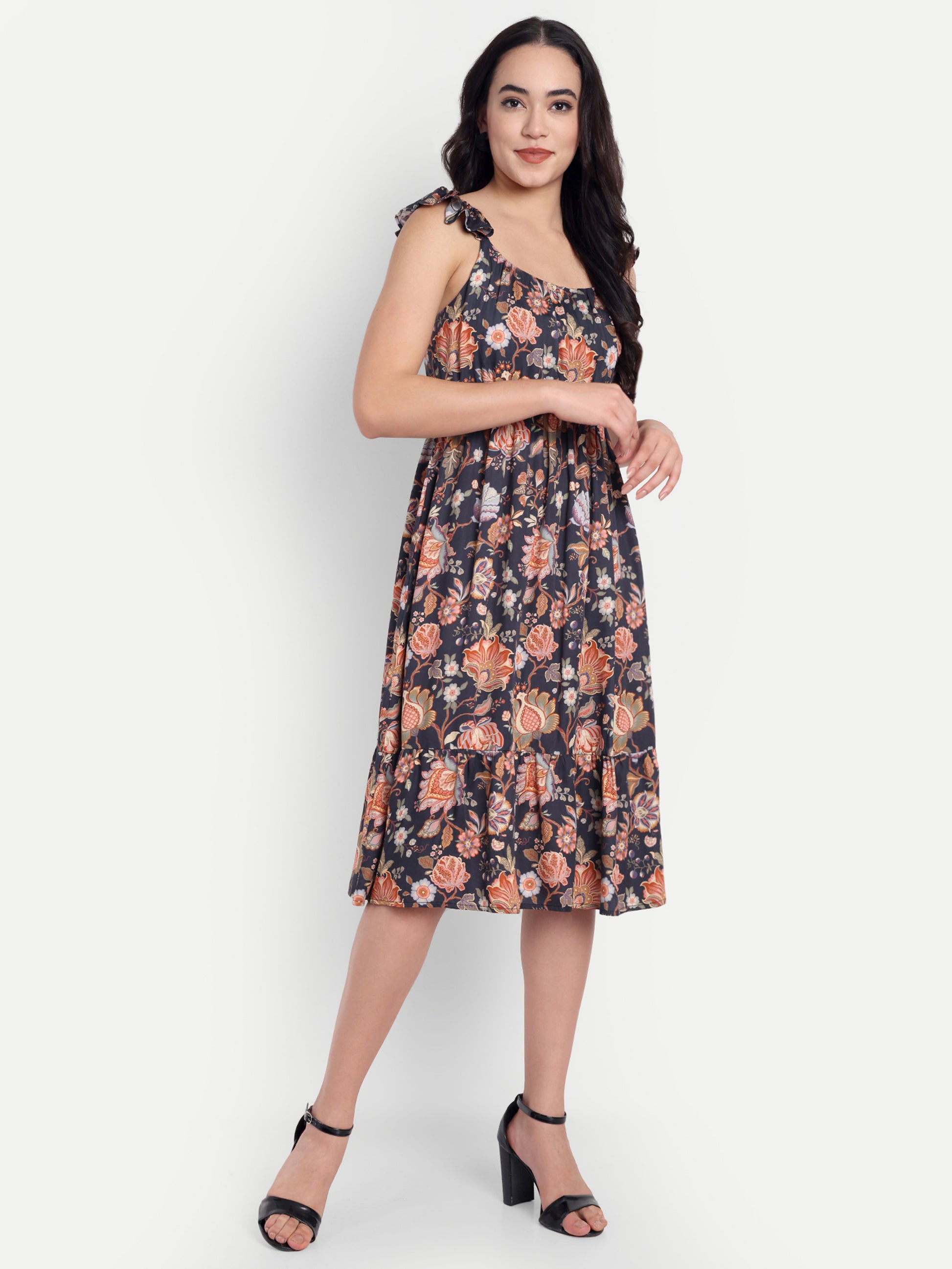 Women's Black Floral Midi Dress | Sleeveless Ruffle Straps | Elegant Casual & Summer Wear