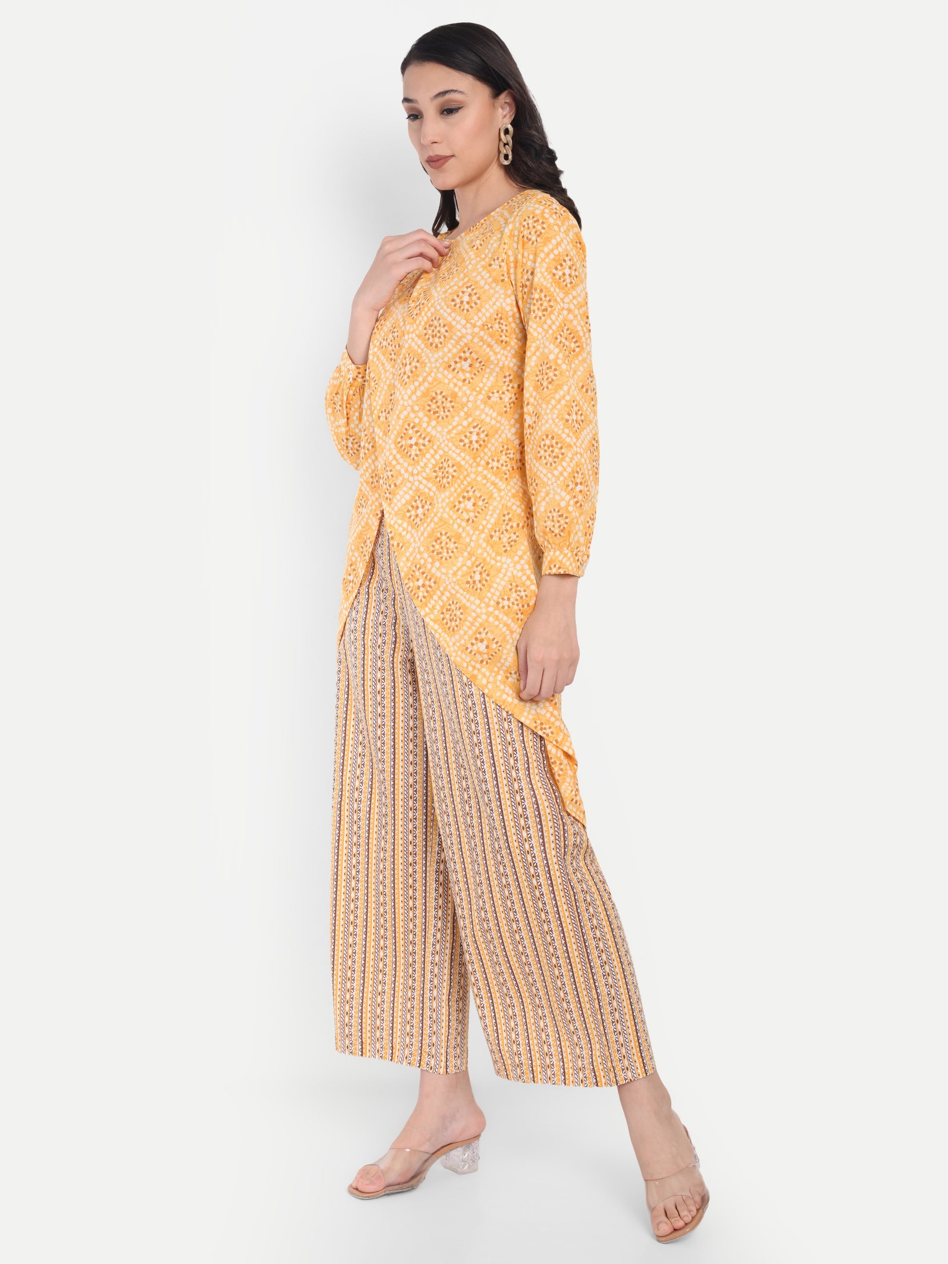 Women's Yellow Printed Ethnic Co-ord Set | Asymmetrical Long Kurta with Wide-Leg Pants