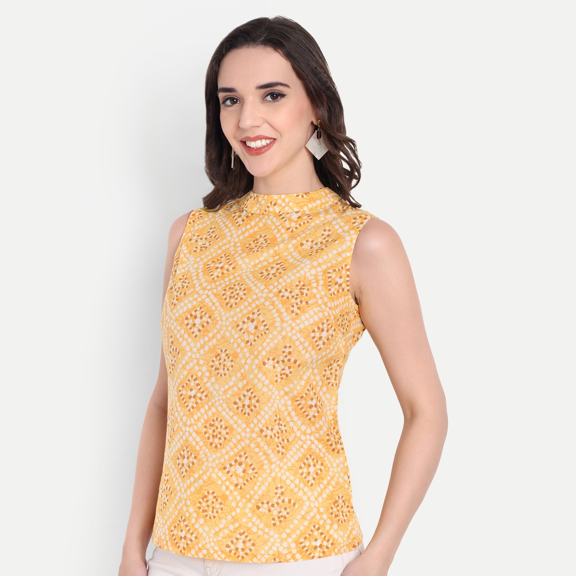 Women's Yellow Printed Sleeveless Top | High Neck | Lightweight & Stylish Summer Wear
