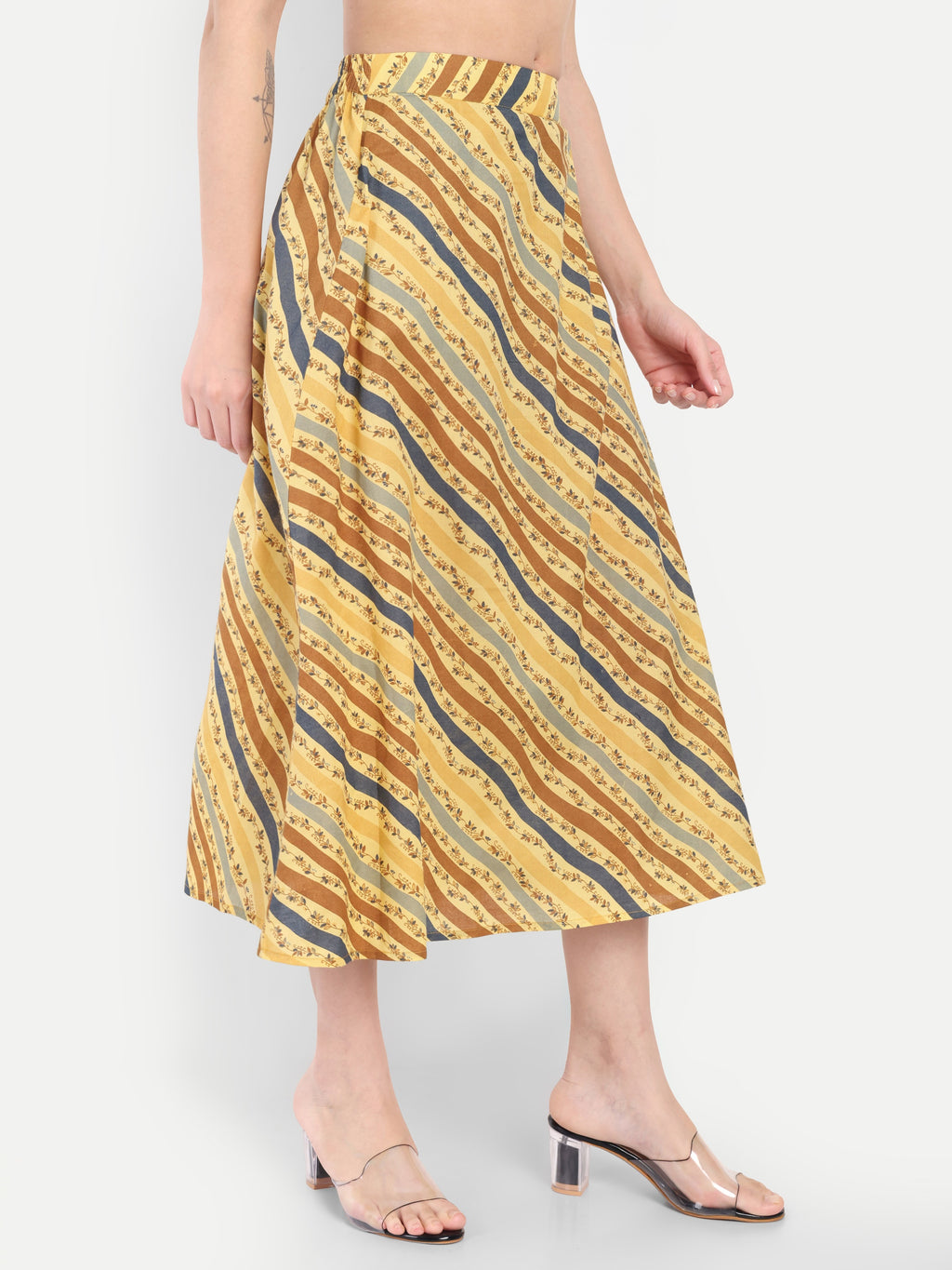 Women's Yellow Striped A-Line Midi Skirt | Casual & Party Wear