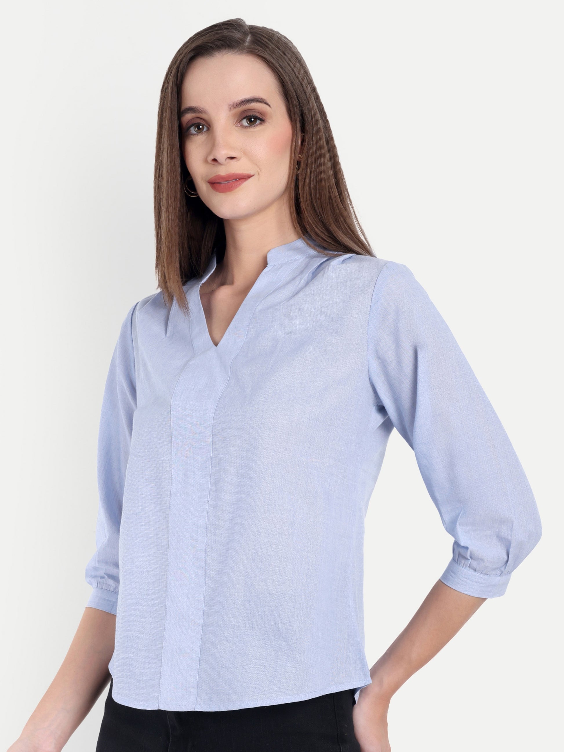 Women's Light Blue V-Neck 3/4 Sleeve Top | Lightweight Cotton Blend | Elegant Everyday Wear