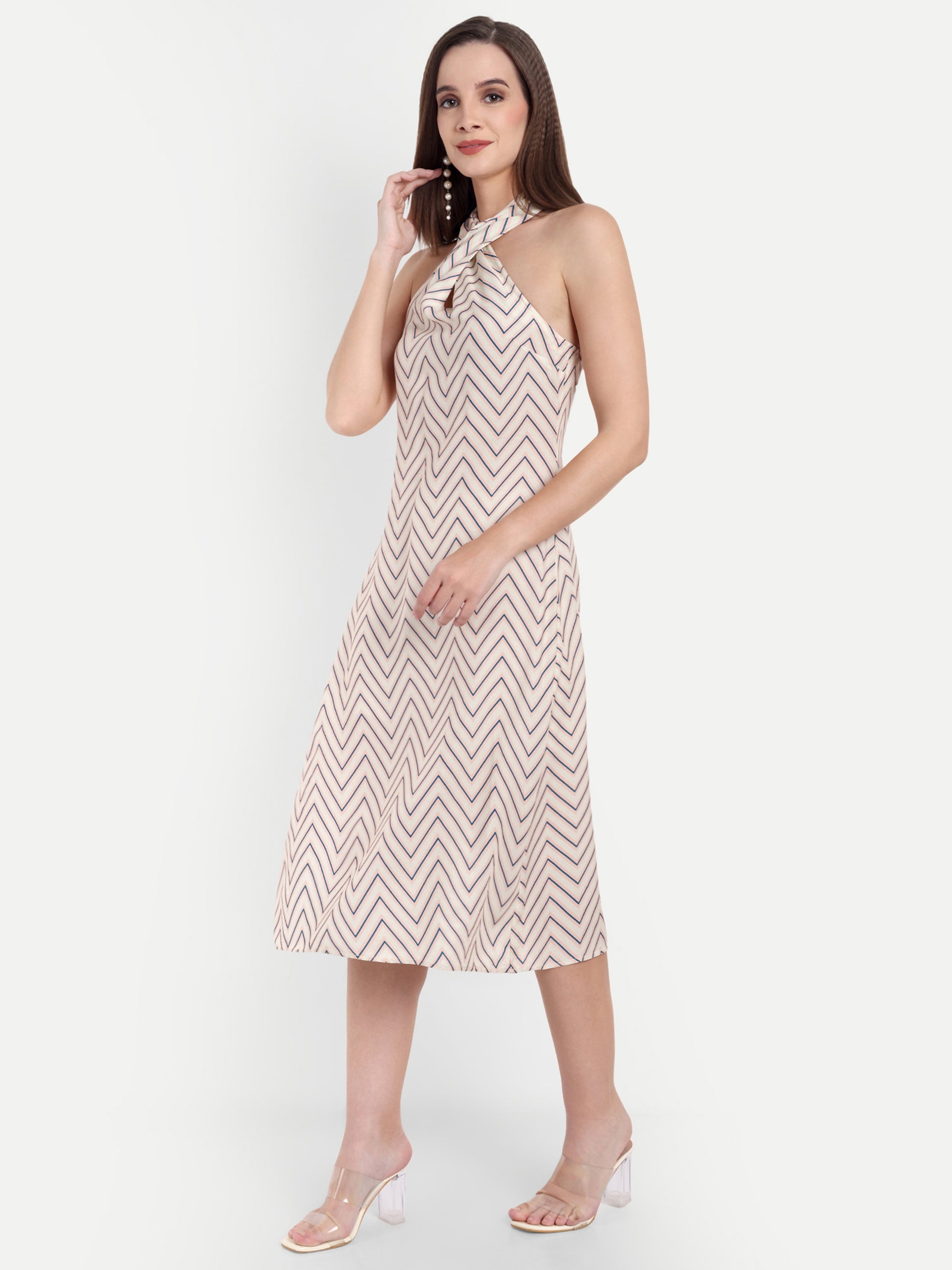 Women's Biege Halter Neck Midi Dress | Sleeveless Summer Dress