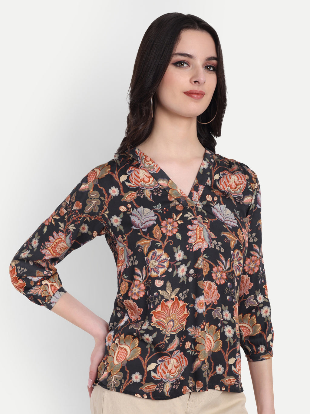Women's  Black Floral Print V-Neck Top | 3/4 Sleeves | Stylish Casual & Party Wear