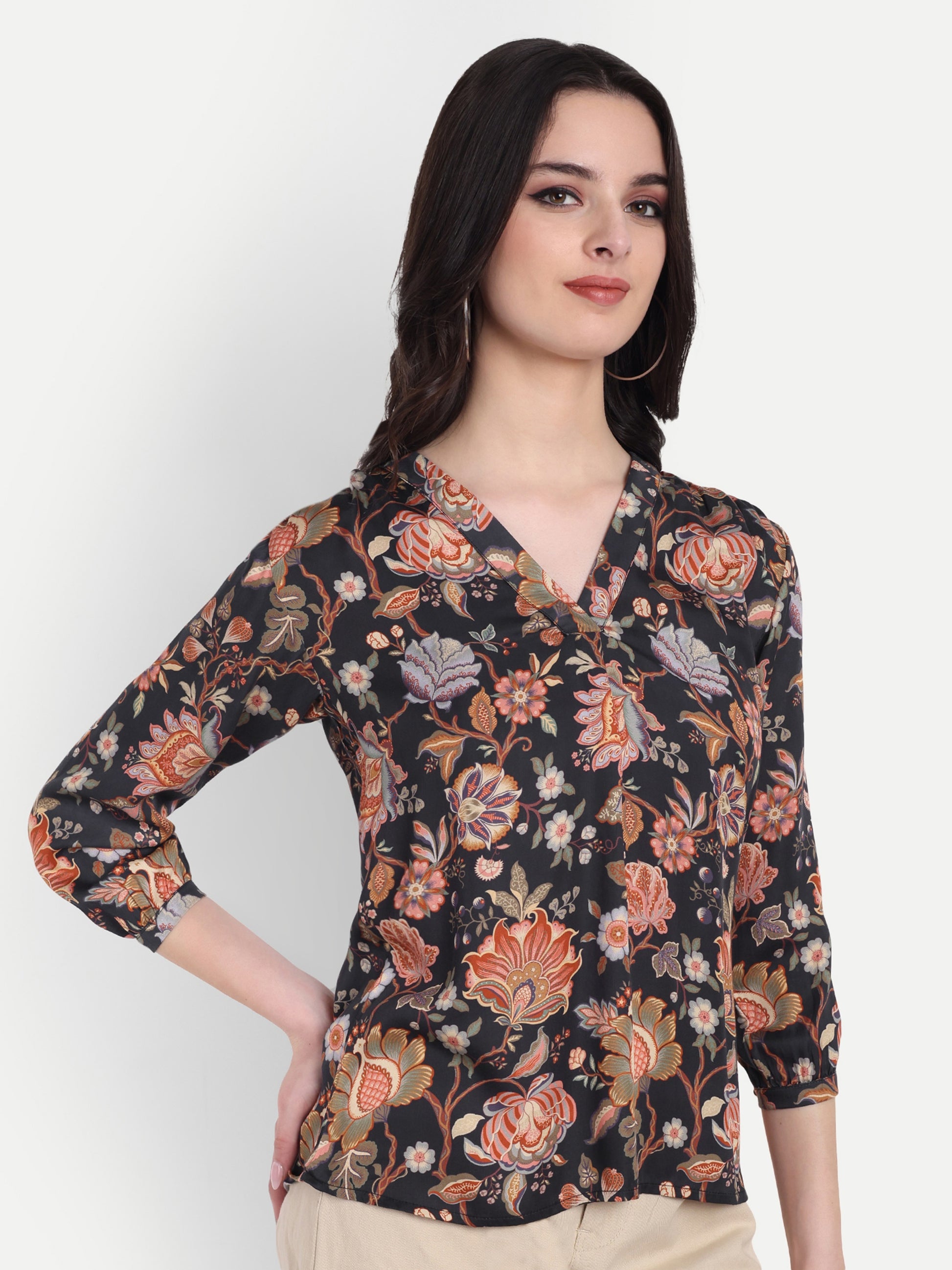 Women's  Black Floral Print V-Neck Top | 3/4 Sleeves | Stylish Casual & Party Wear