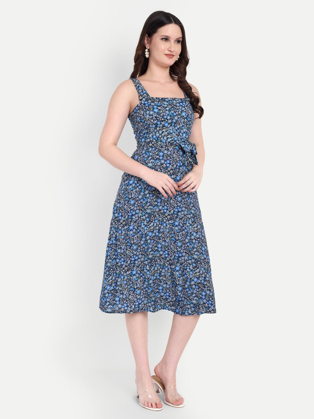 Women's Blue Floral Midi Dress with Square Neck & Side Pockets | Summer Casual Wear