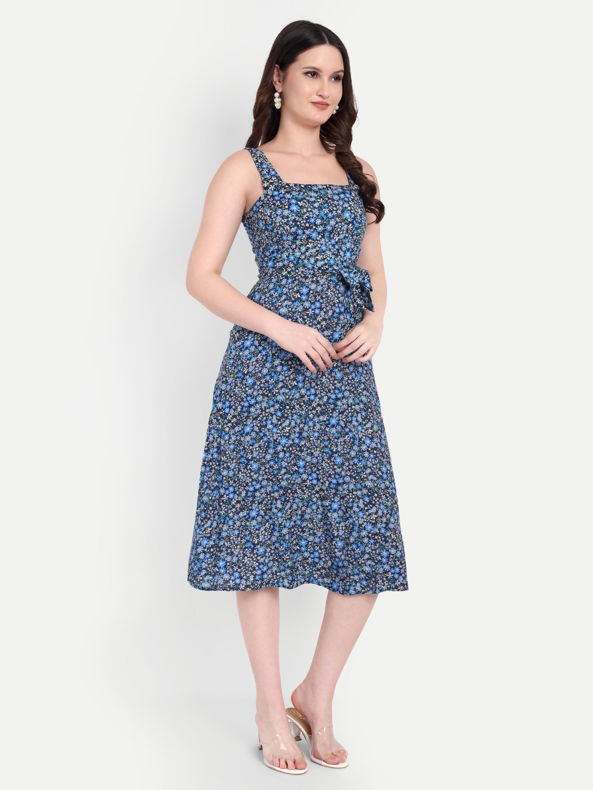 Women's Blue Floral Midi Dress with Square Neck & Side Pockets | Summer Casual Wear