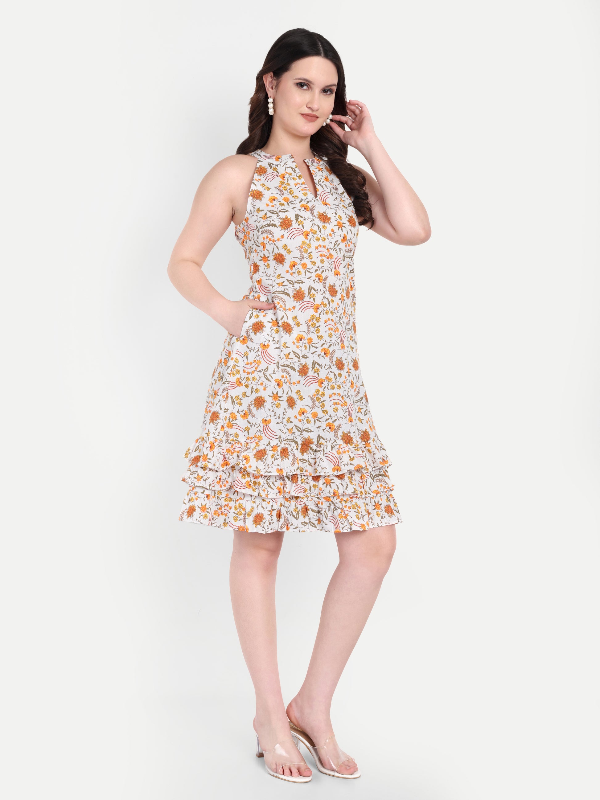 Women's orange Floral Sleeveless Halter Neck Dress | Tiered Hem | Summer Casual & Party Wear