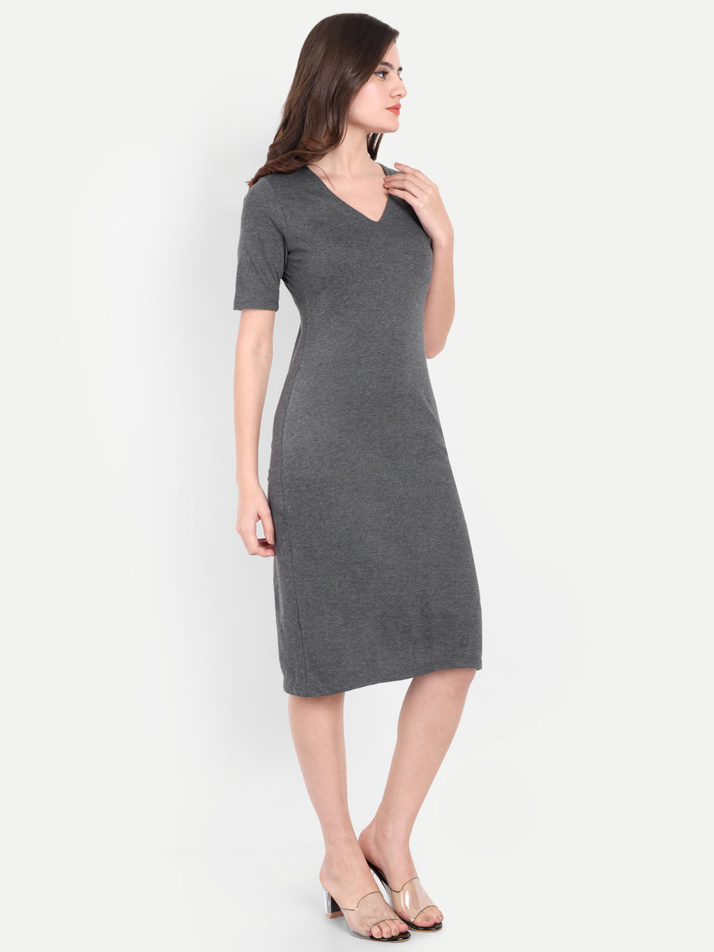 Women's Grey Bodycon Midi Dress | V-Neck | Half Sleeve | Casual & Office Wear