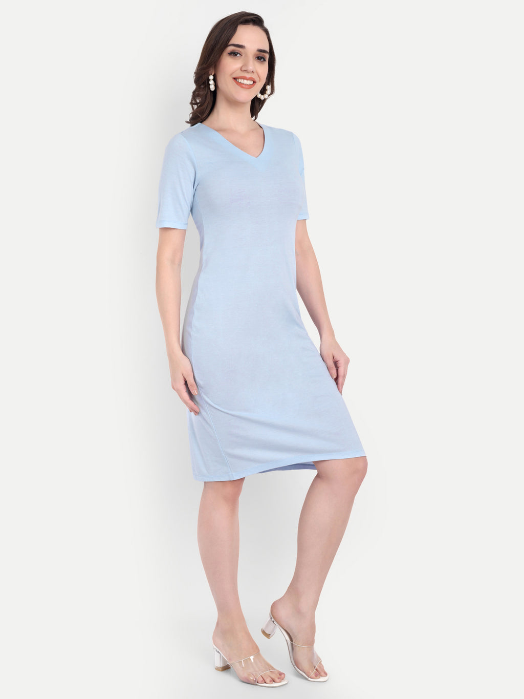 Women's Light Blue Bodycon Midi Dress | V-Neck | Half Sleeve | Casual & Office Wear