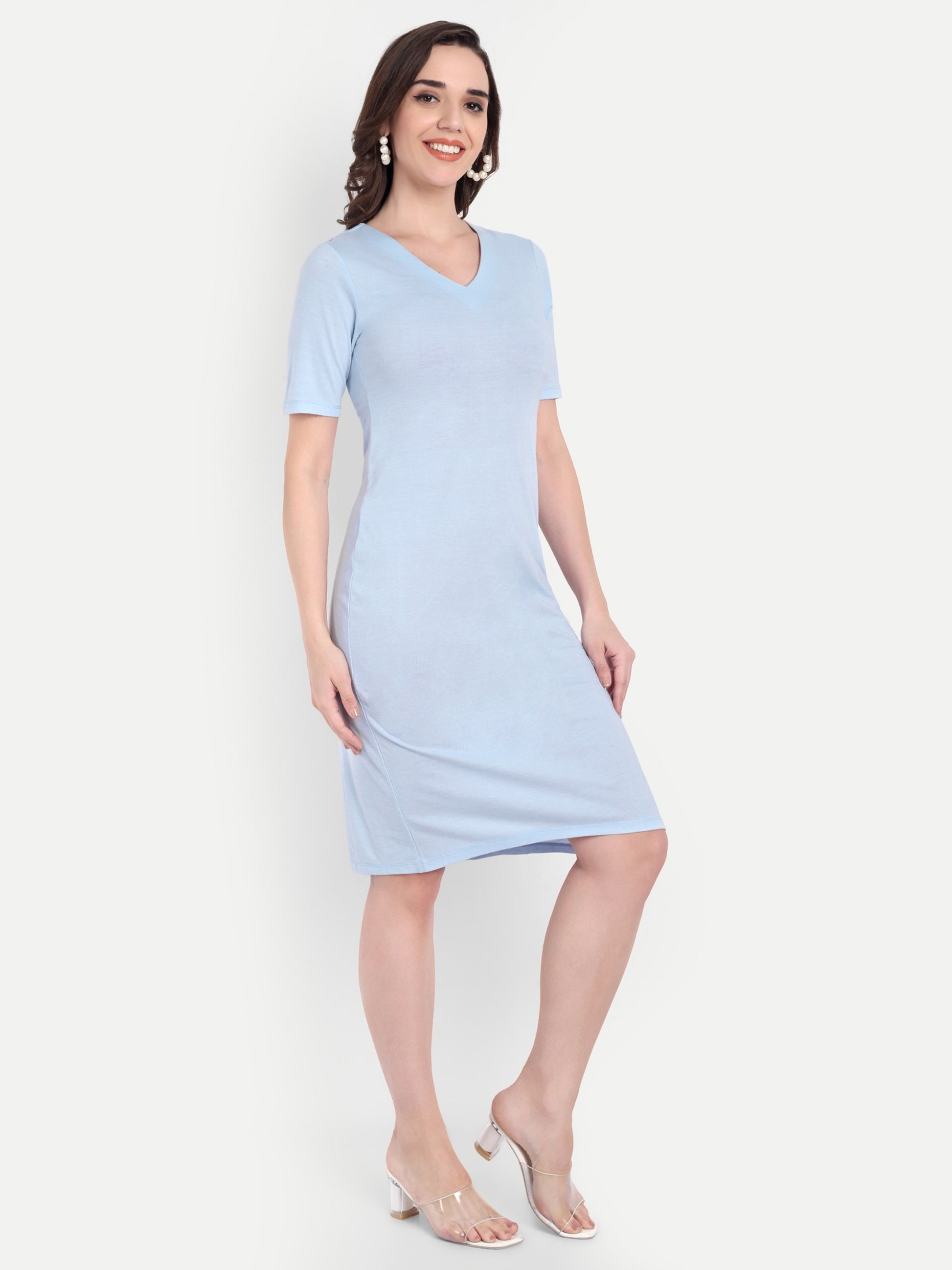 Women's Light Blue Bodycon Midi Dress | V-Neck | Half Sleeve | Casual & Office Wear