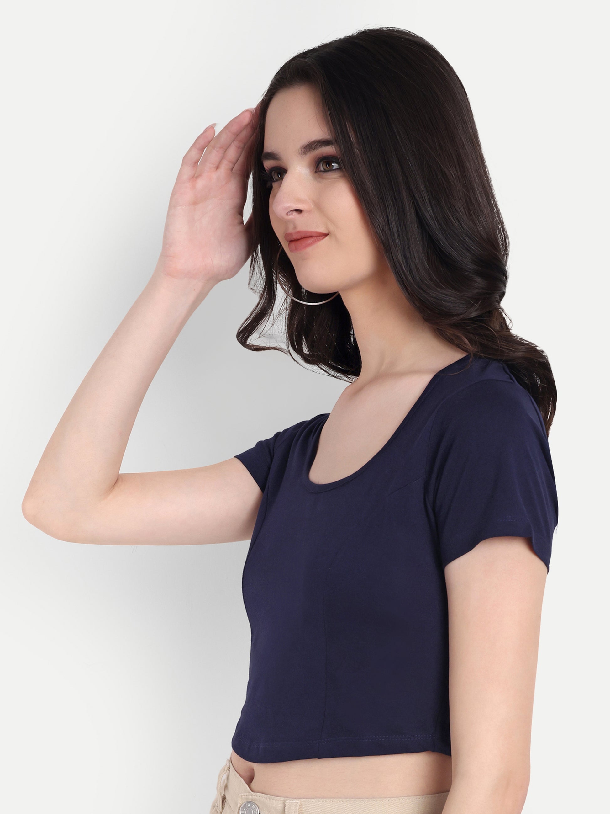 Women's Black Blue Crop Top with Scoop Neck & Short Sleeves