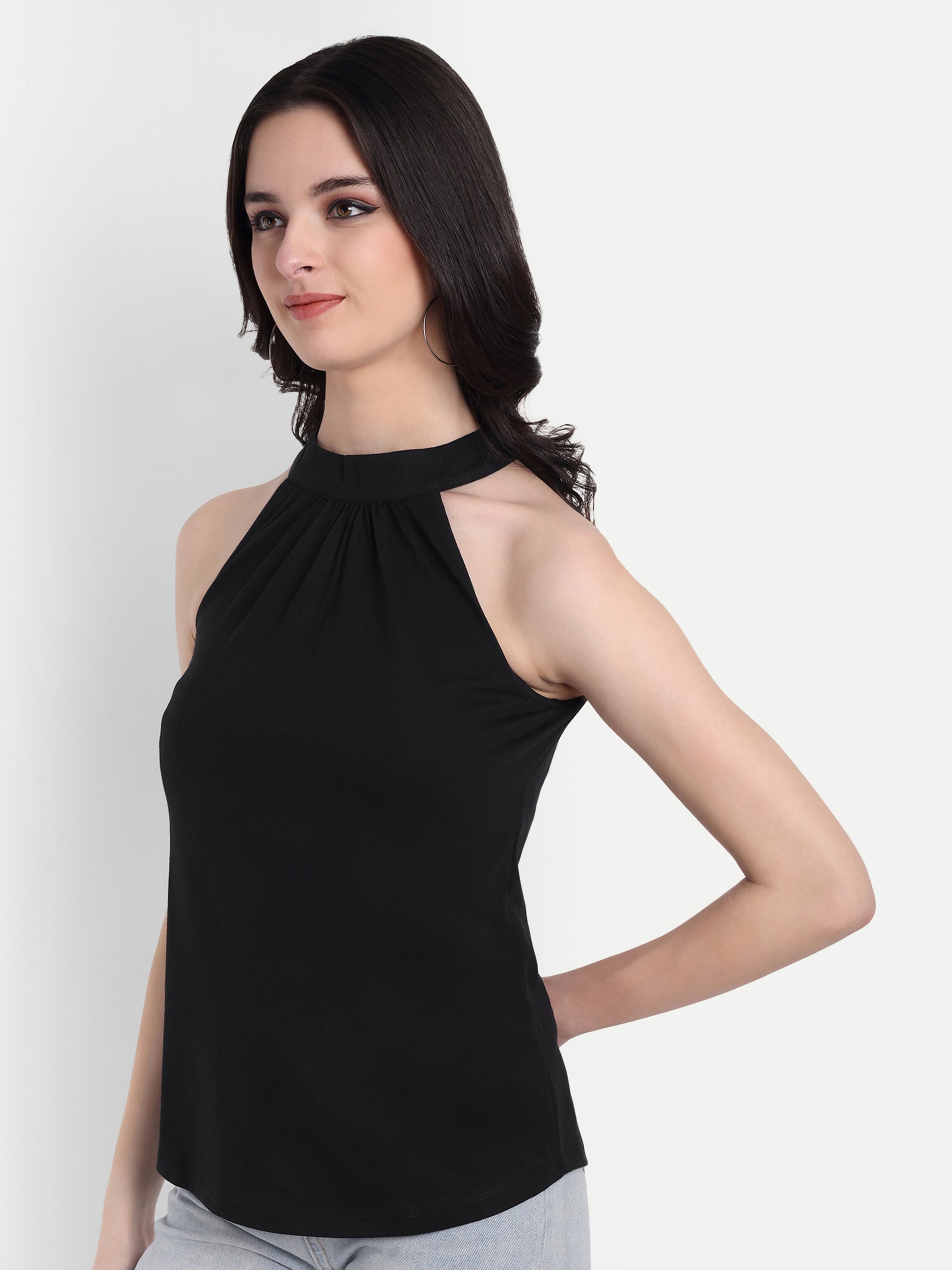 Women's Black Halter Neck Sleeveless Top | Casual & Party Wear