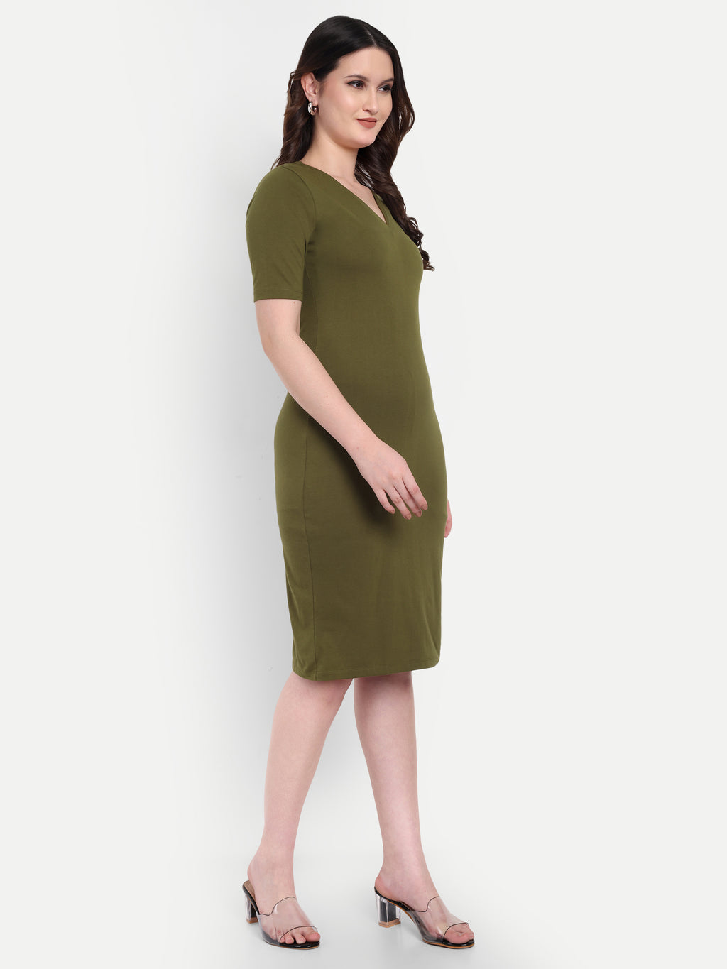 Women's Olive Green Bodycon Midi Dress | V-Neck | Half Sleeve | Casual & Office Wear