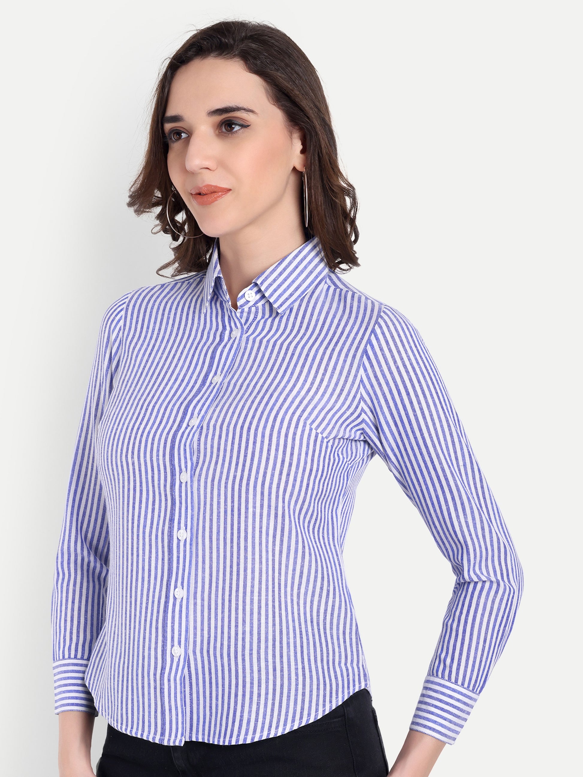 Women's White & BLUE Striped Button-Down Shirt – Long Sleeve | Casual & Office Wear