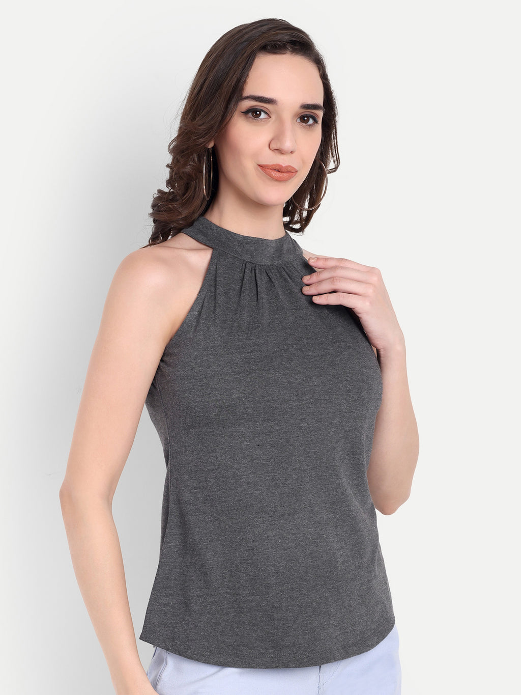 Women's Charcoal Grey Halter Neck Sleeveless Top | Casual & Party Wear
