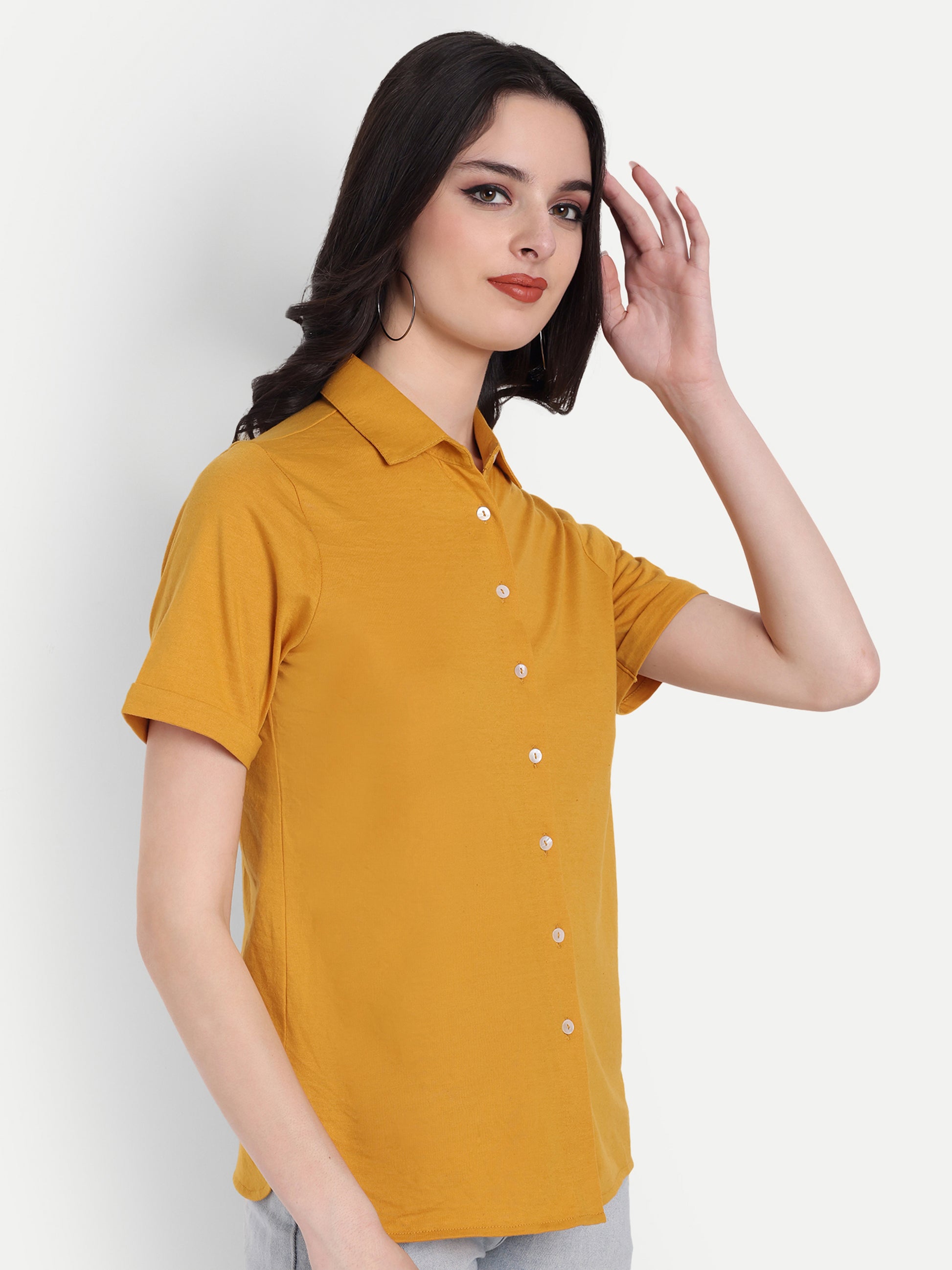 Women's Mustard Yellow Cotton Casual Shirt – Short Sleeve | Button Down | Lightweight
