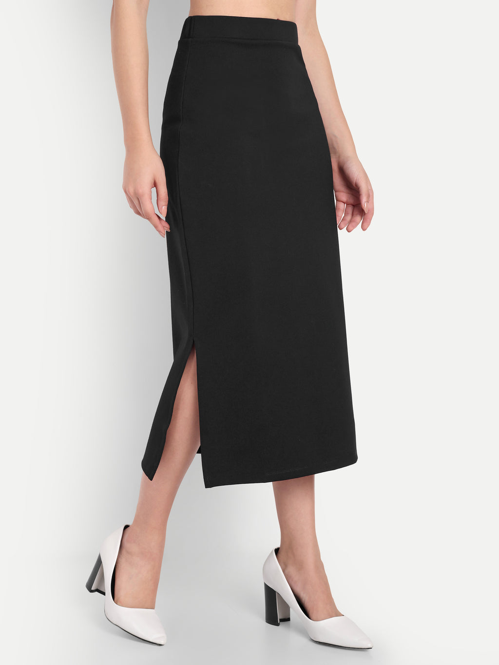 Women's Black Midi Pencil Skirt with Side Slit – High Waist | Elegant Office & Party Wear