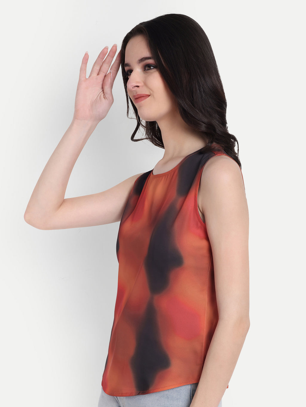 Women's Red Black Print Sleeveless Top | Round Neck | Lightweight Casual Summer Wear