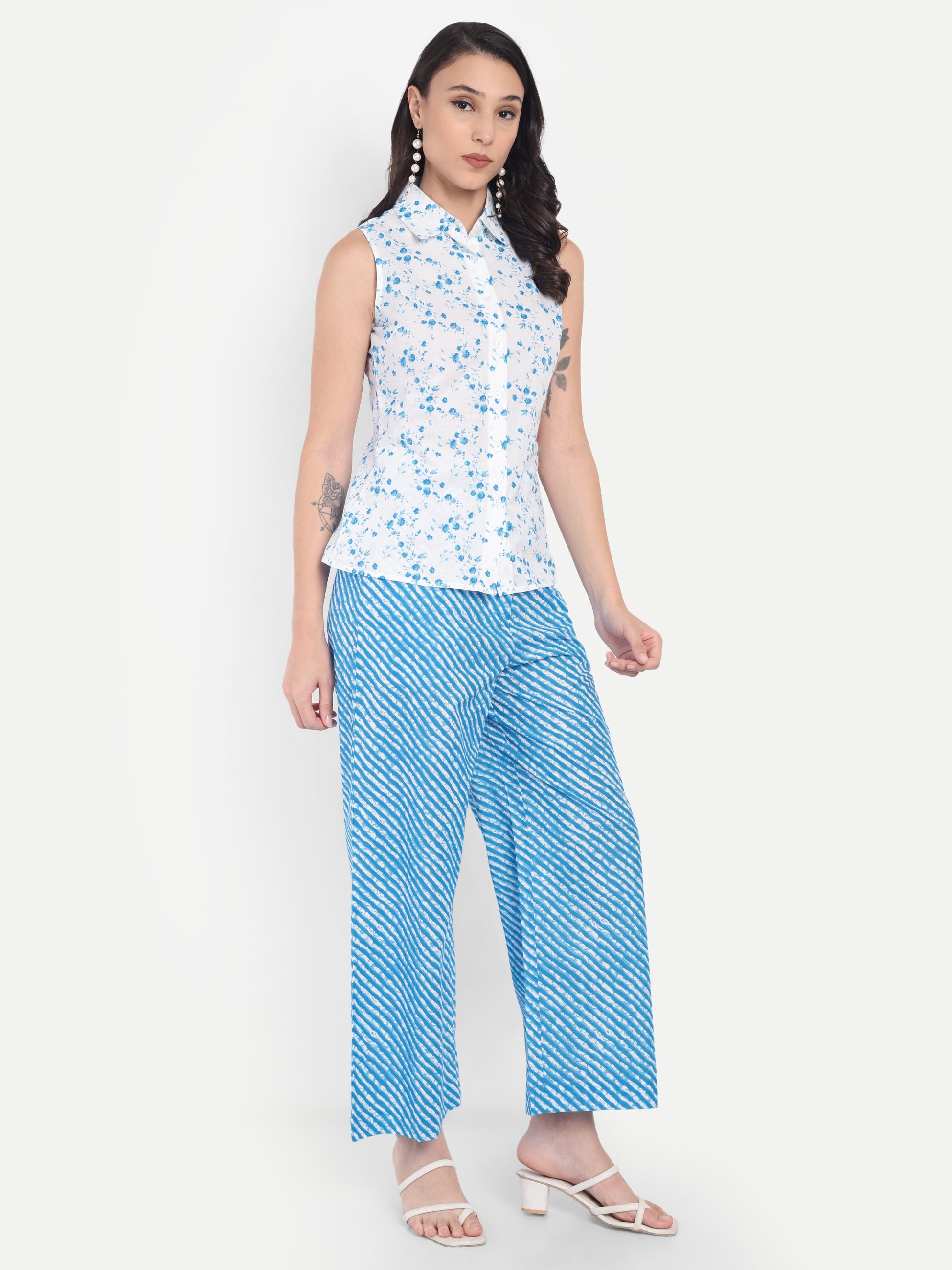 Women's Blue Floral Sleeveless Shirt with Pink Printed Wide-Leg Pants | Comfortable Summer Co-ord Sets