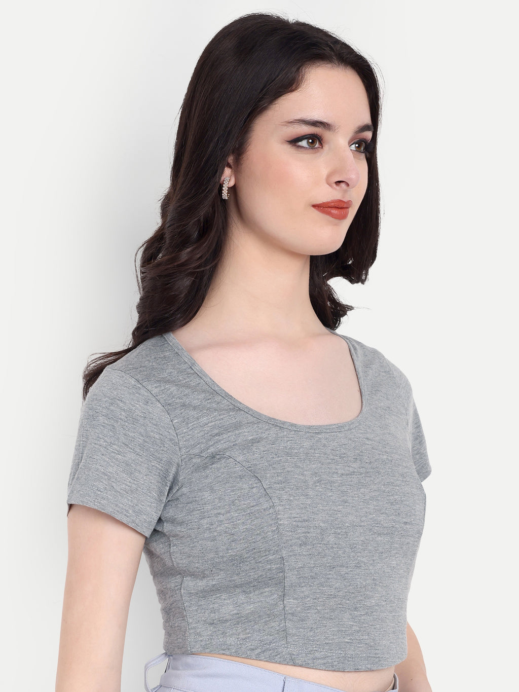 Women's Grey Crop Top with Scoop Neck & Short Sleeves