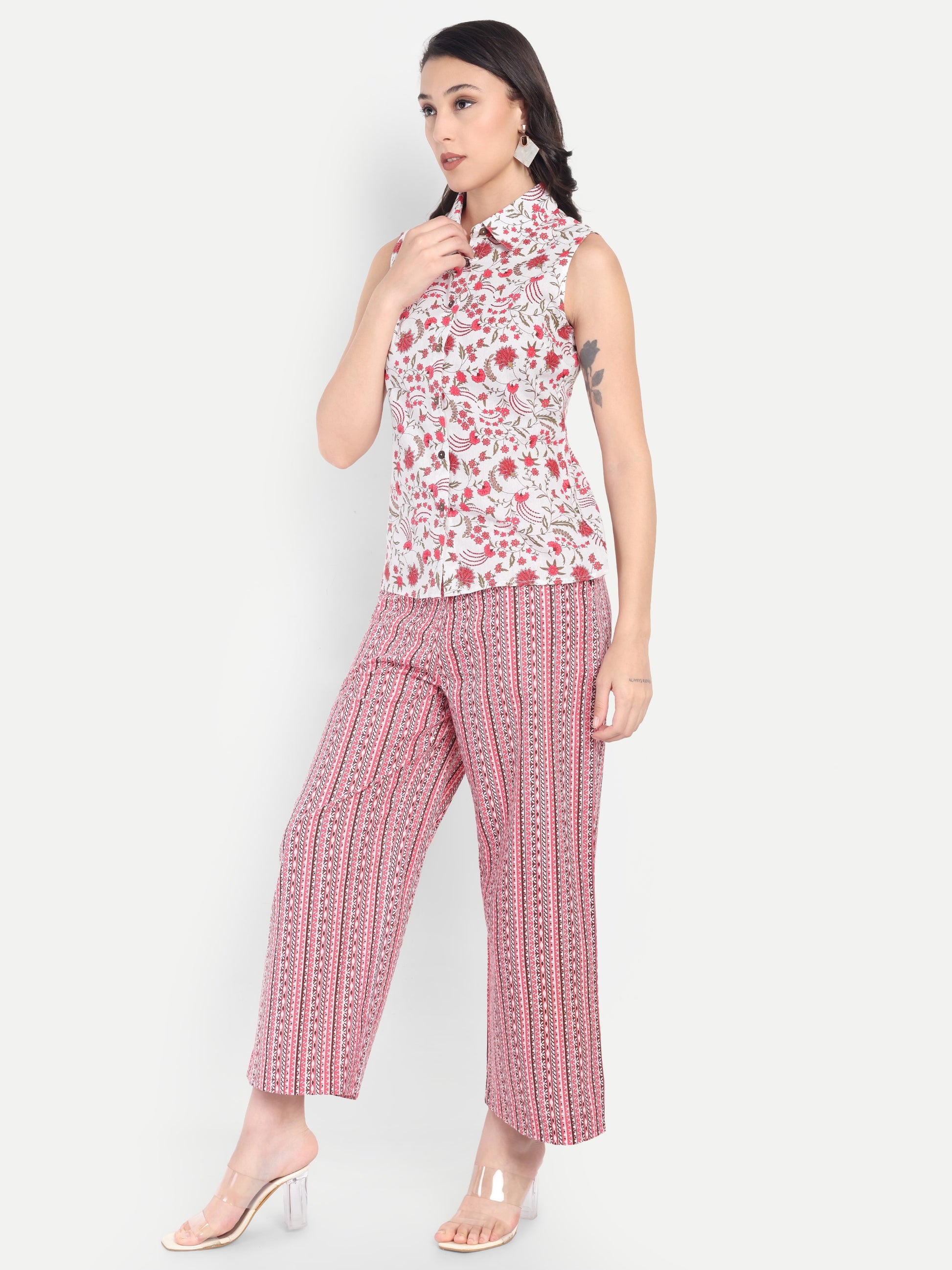 Women's White & Red Floral Sleeveless Shirt with Pink Printed Wide-Leg Pants | Comfortable Summer Co-ord Set