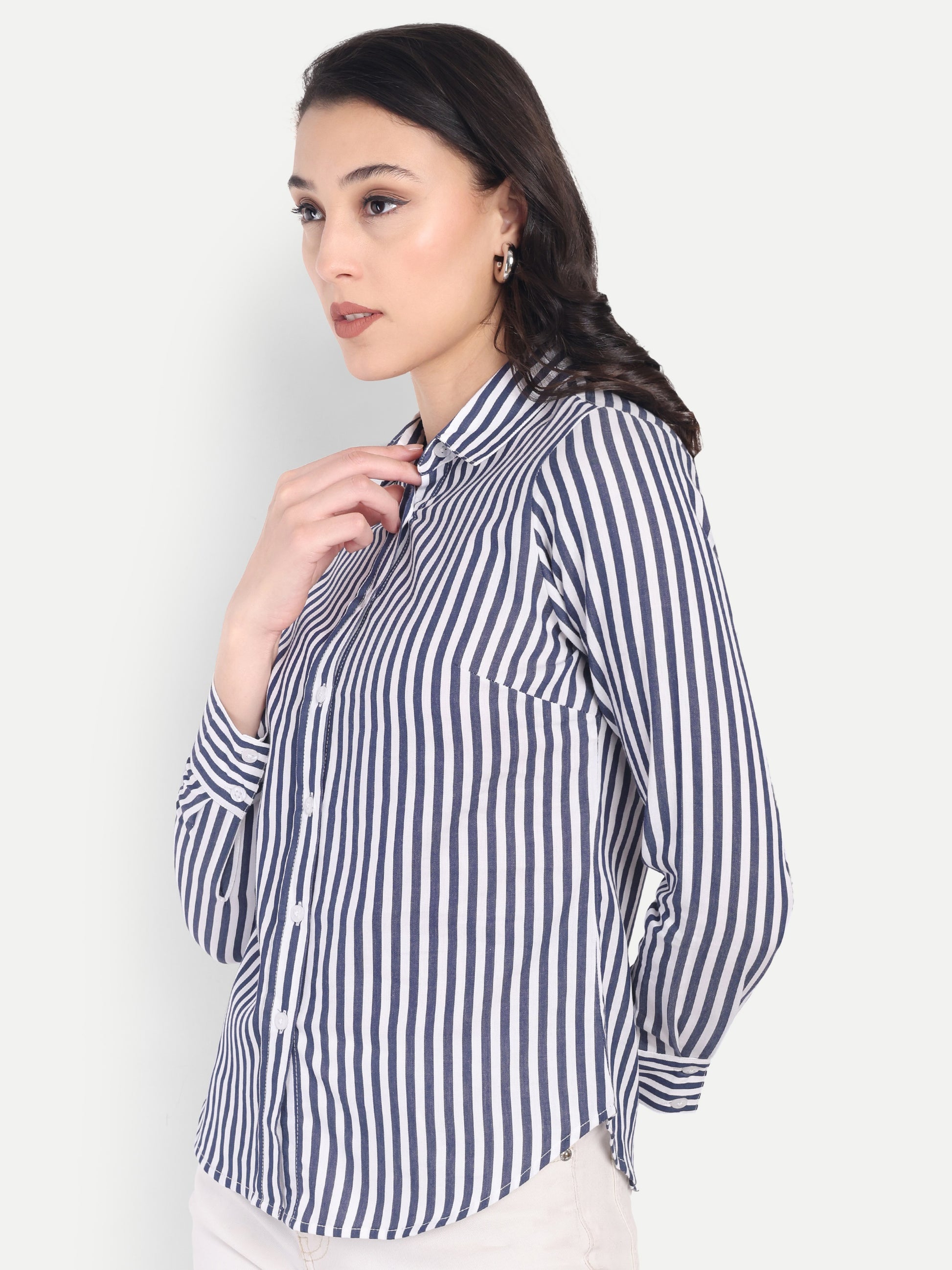 Women's Navy Blue & White Vertical Striped Shirt – Long Sleeve | Button-Down | Formal & Casual Wear