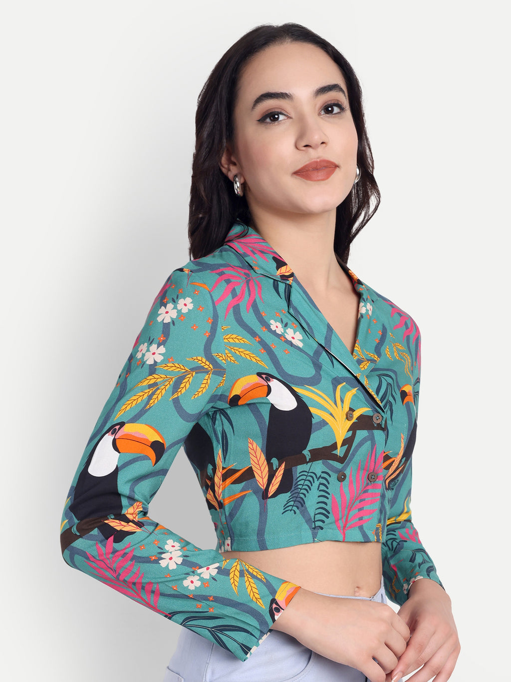 Tropical Print Collar Crop Top & Lavender Wide-Leg Trousers Set