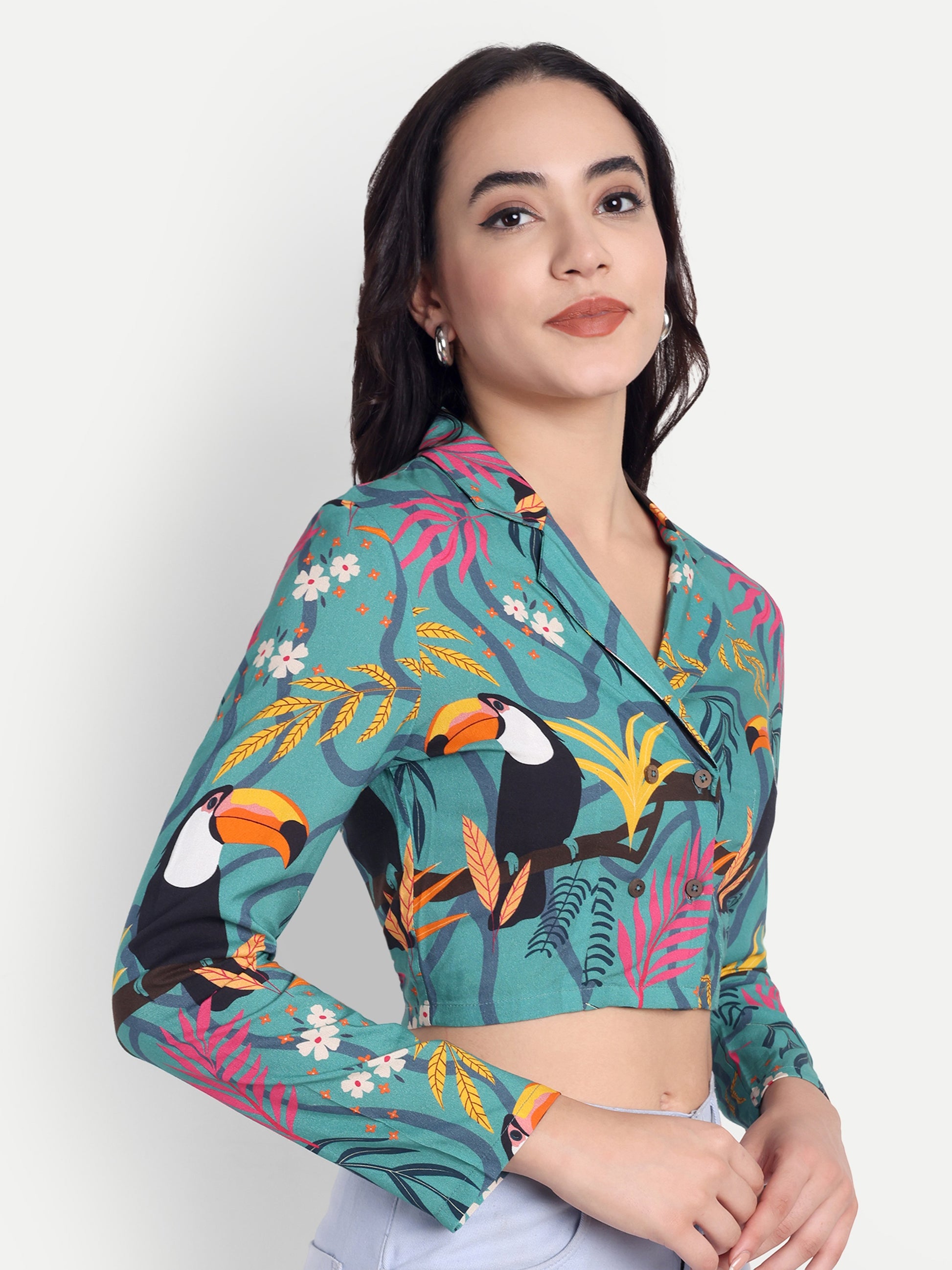Tropical Print Collar Crop Top & Lavender Wide-Leg Trousers Set