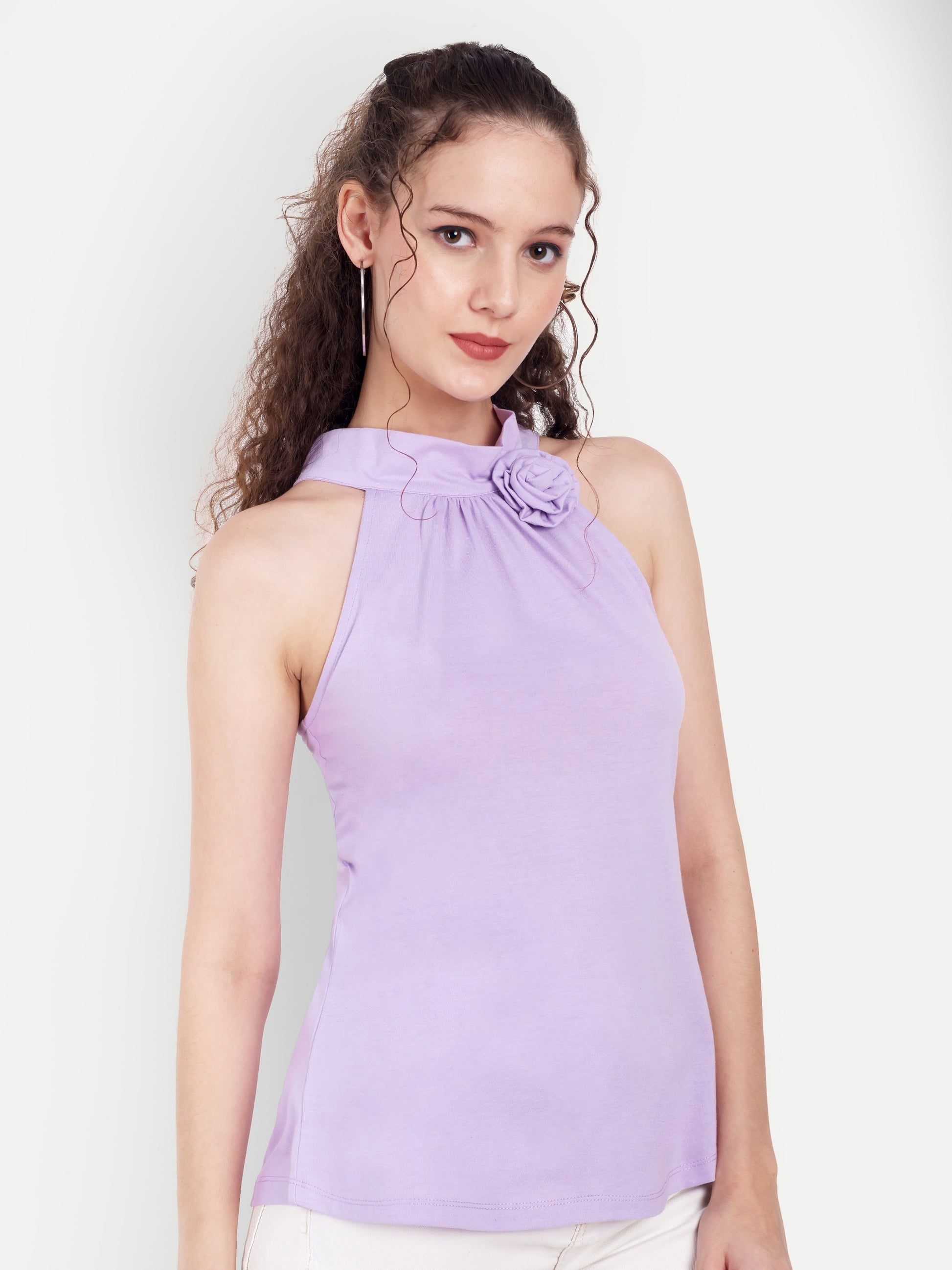 Women's Light violet Halter Floral Note Neck Sleeveless Top | Casual & Party Wear