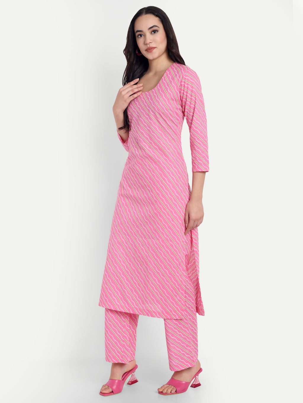 Women's Pink And White Printed Kurta with Straight Pants | Cotton Blend | Ethnic Wear